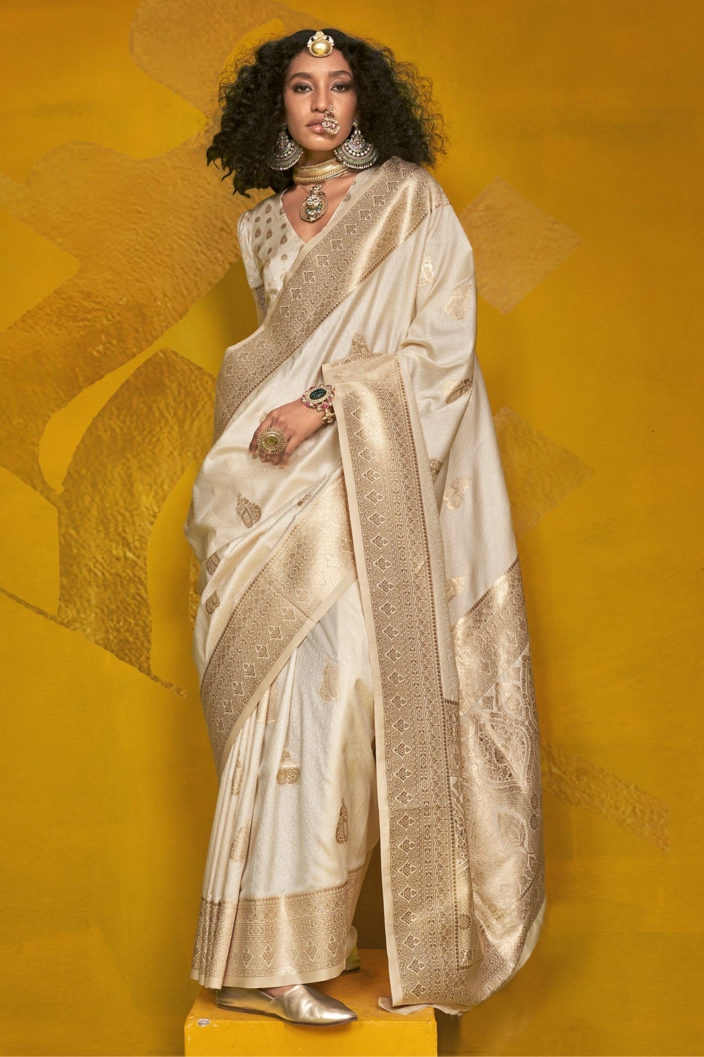 Windsor Cream Banarasi Handloom Silk Saree