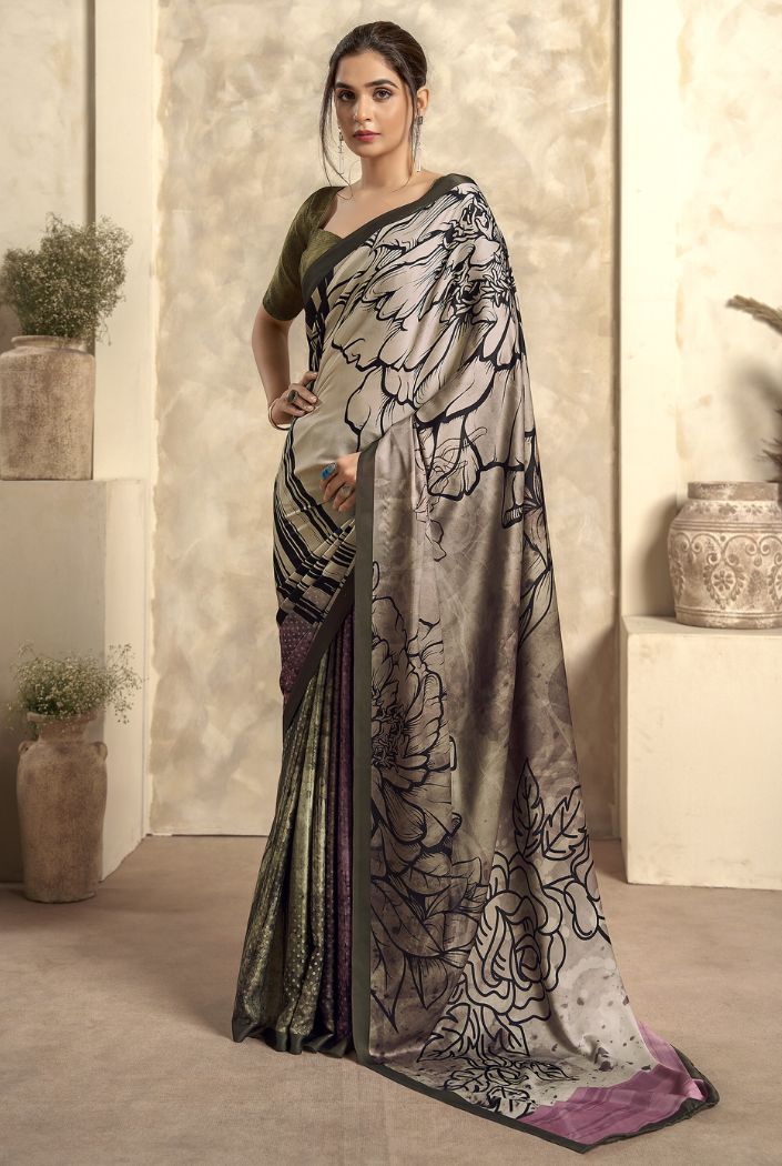 Sardine Grey Printed Satin Silk Saree