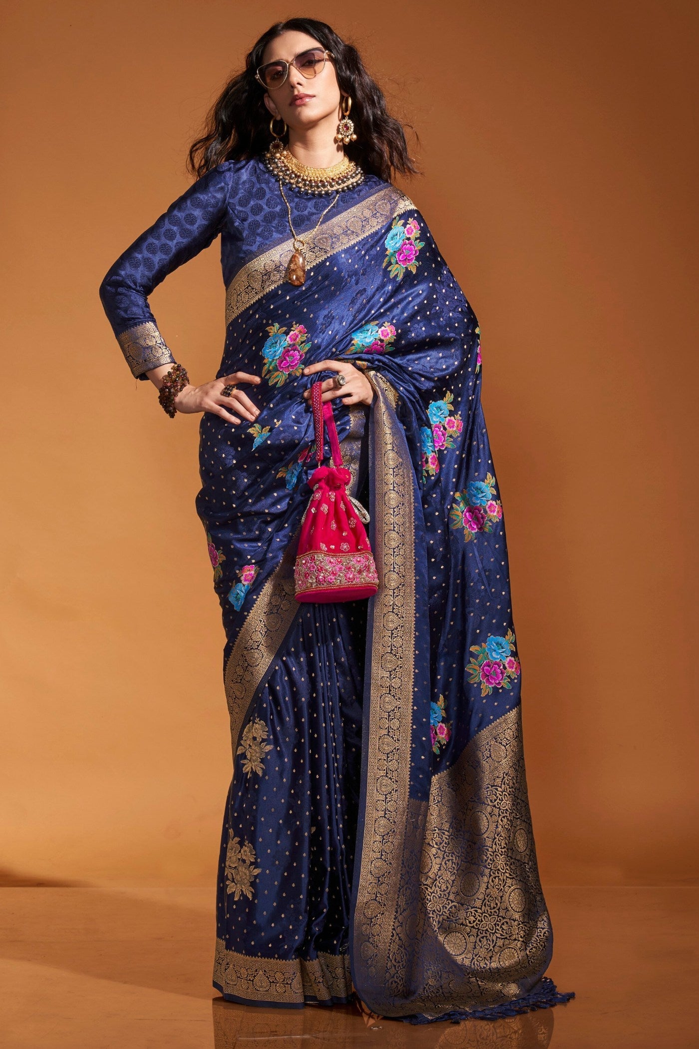 East Bay Blue Handloom Satin Silk Saree