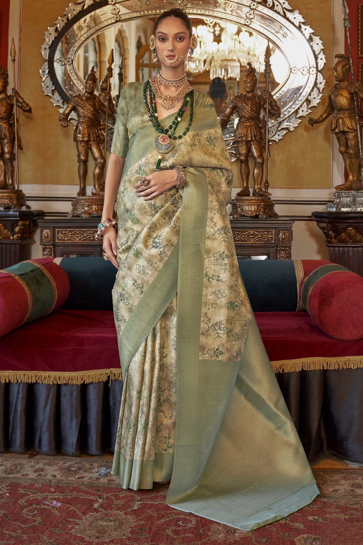 Gurkha Green Banarasi Digital Printed Saree