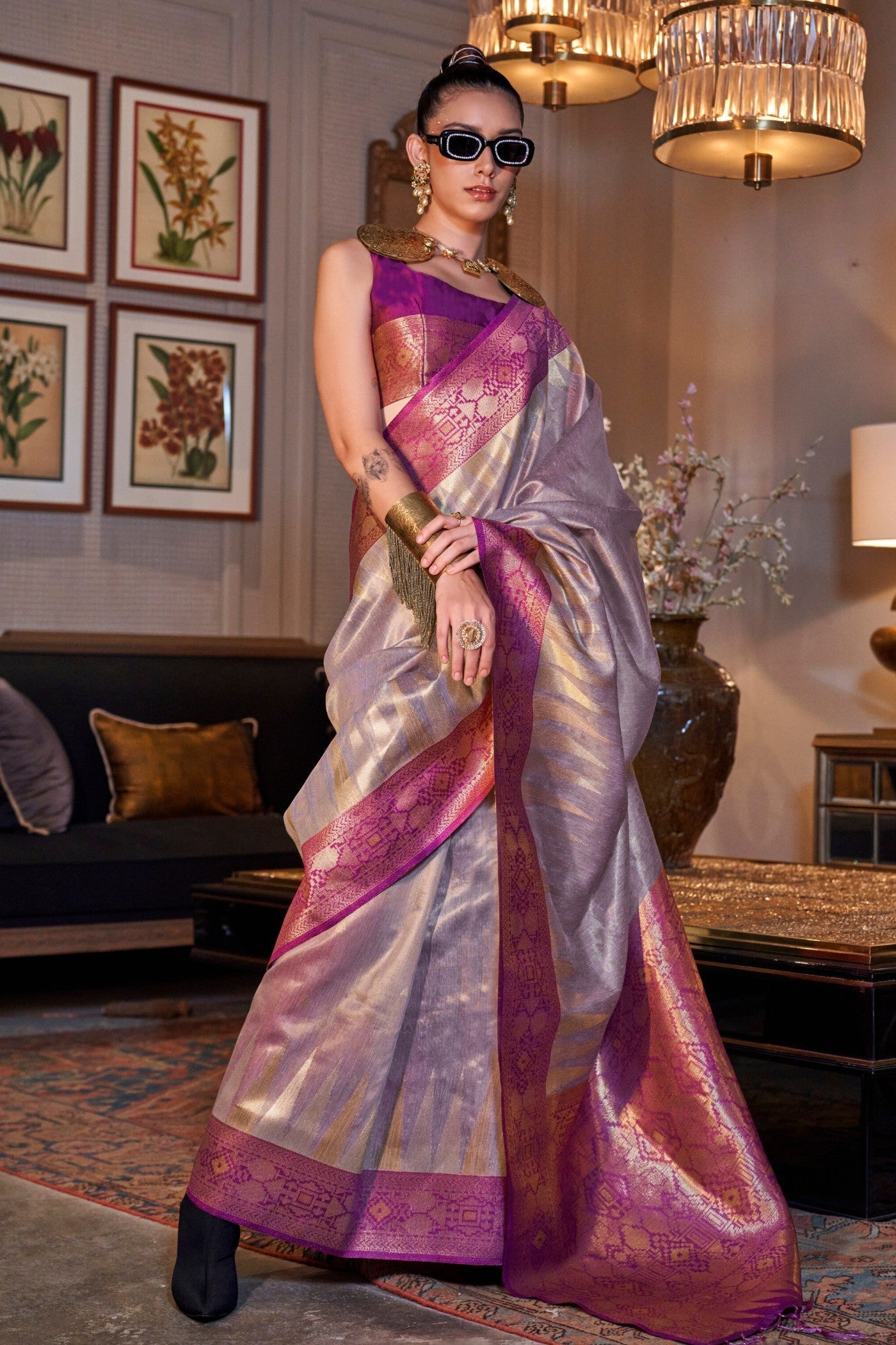 Silver Grey Woven Tissue Silk Saree