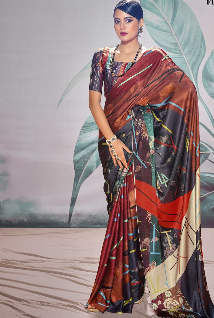 Au Chico Brown Printed Satin Silk Saree