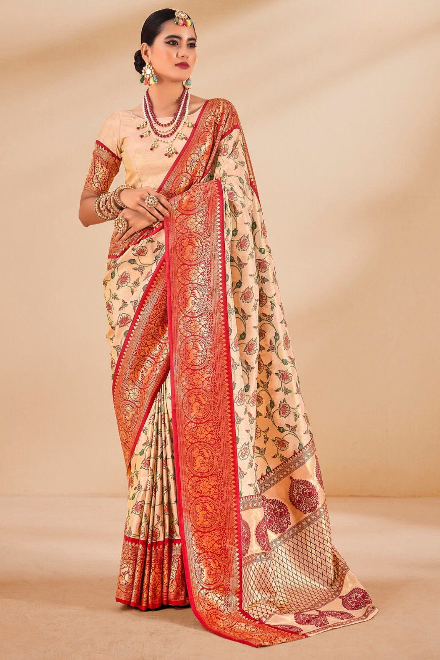 Pancho Cream and Red Zari Woven Banarasi Saree