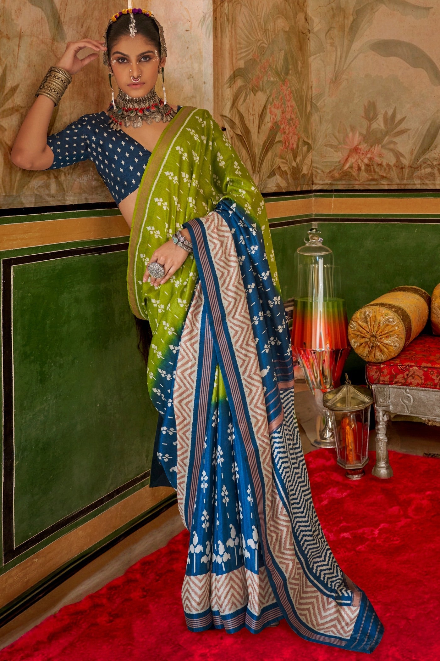 Pine Yellow and Blue Printed Patola Saree