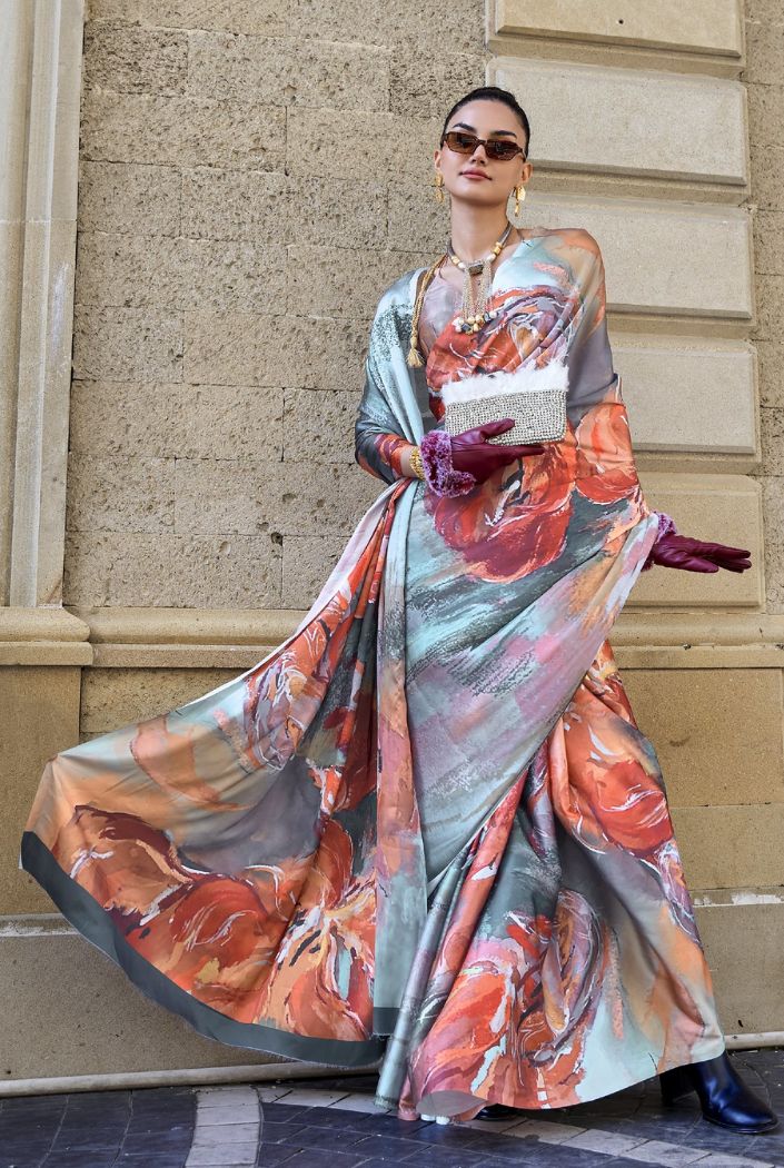 Smokey Grey and Orange Digital Printed Satin Silk Saree