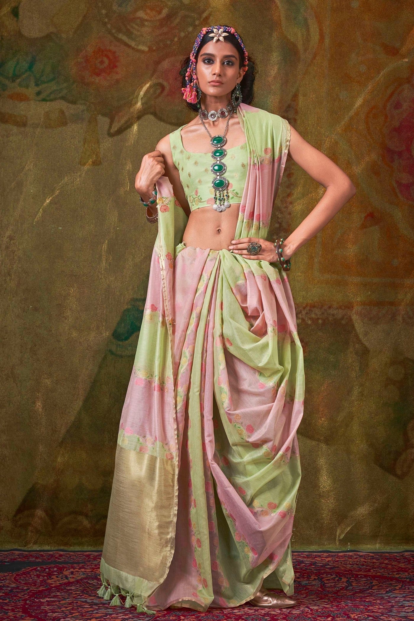 Bush Pink and Green Banarasi Handloom Saree