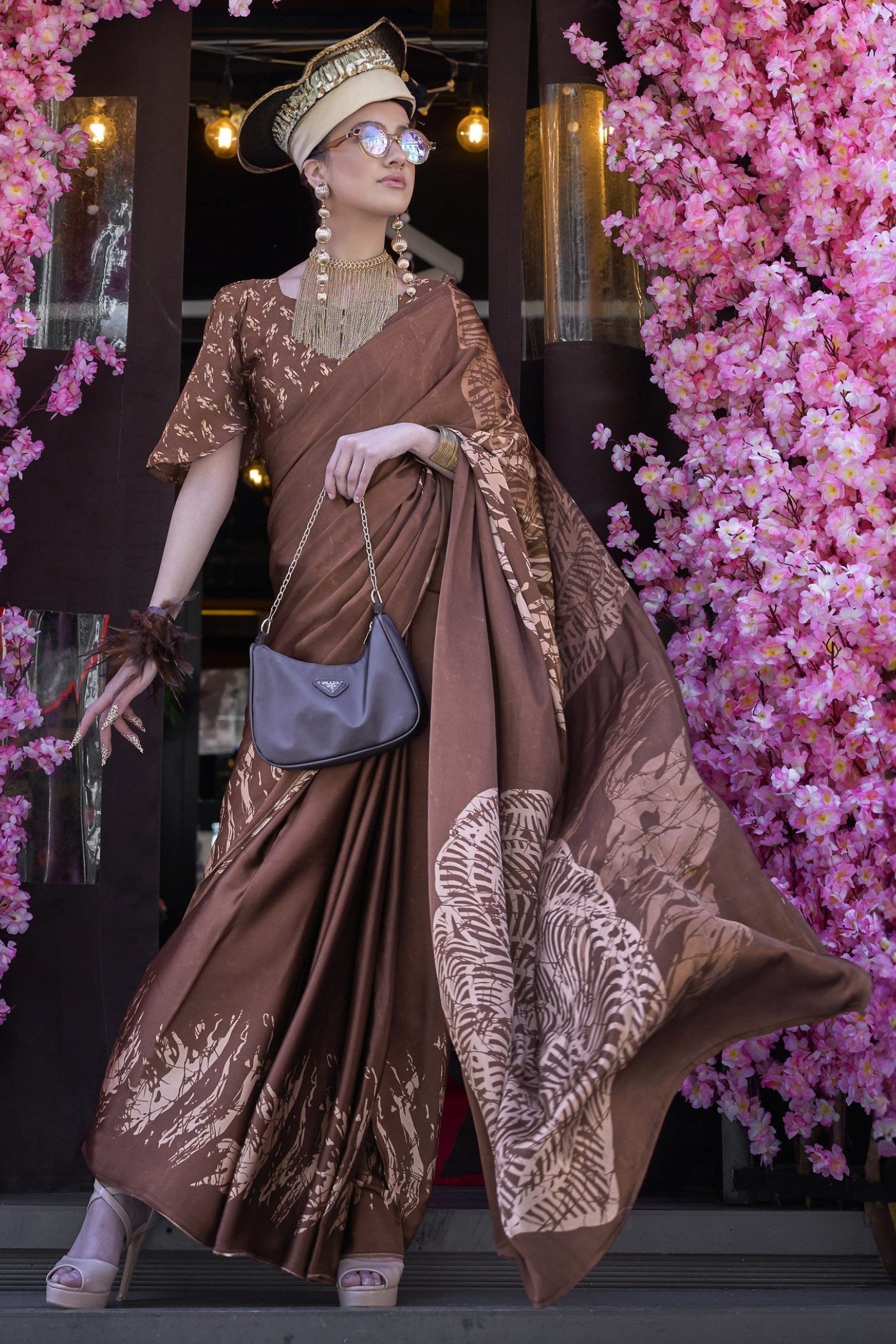 Coco Brown Printed Satin Crepe Silk Saree