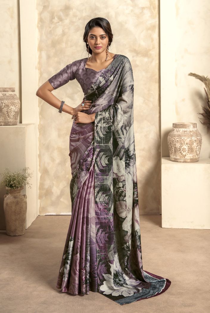 Mauve Purple and Grey Printed Satin Silk Saree