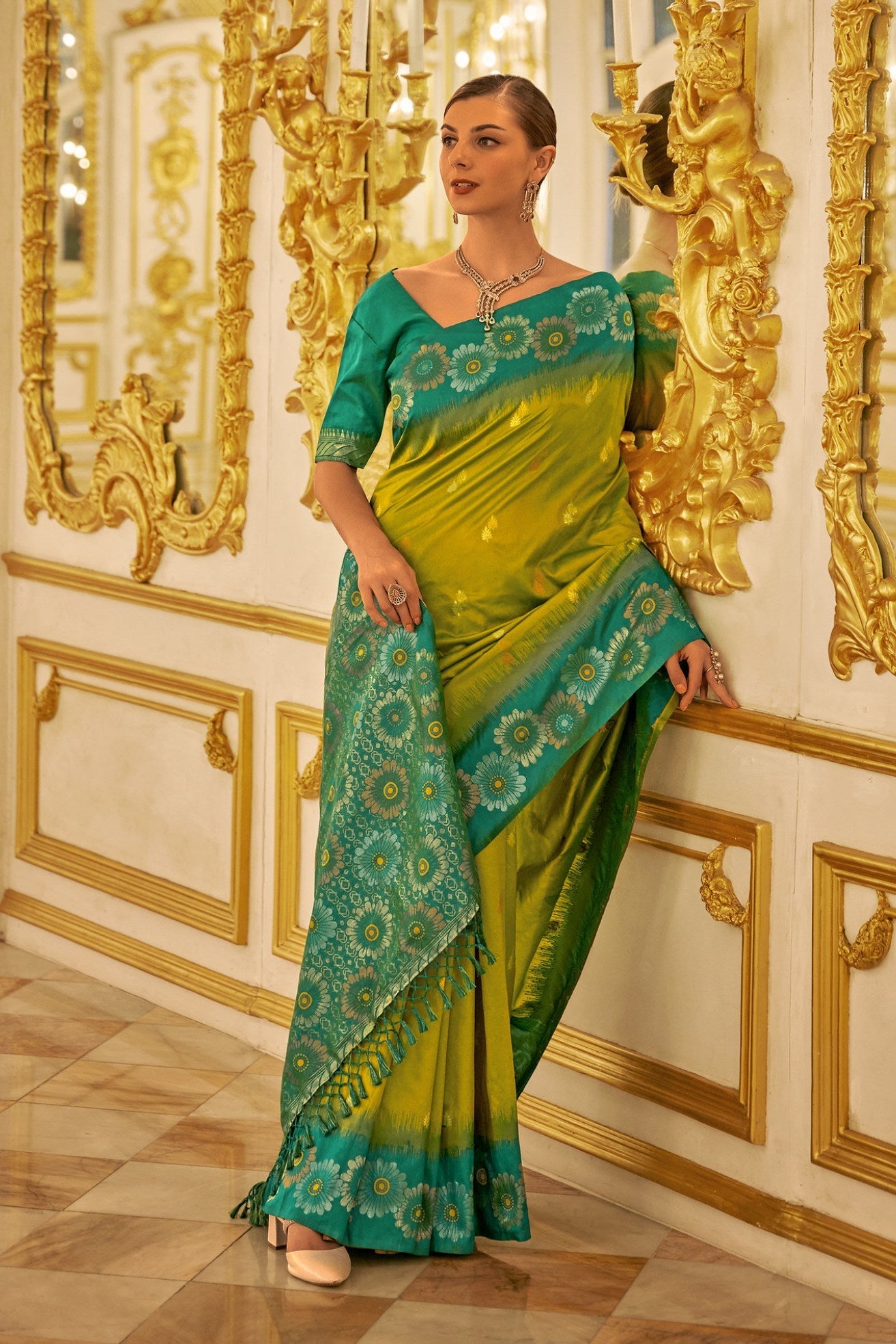 Neon Green Woven Banarasi Saree