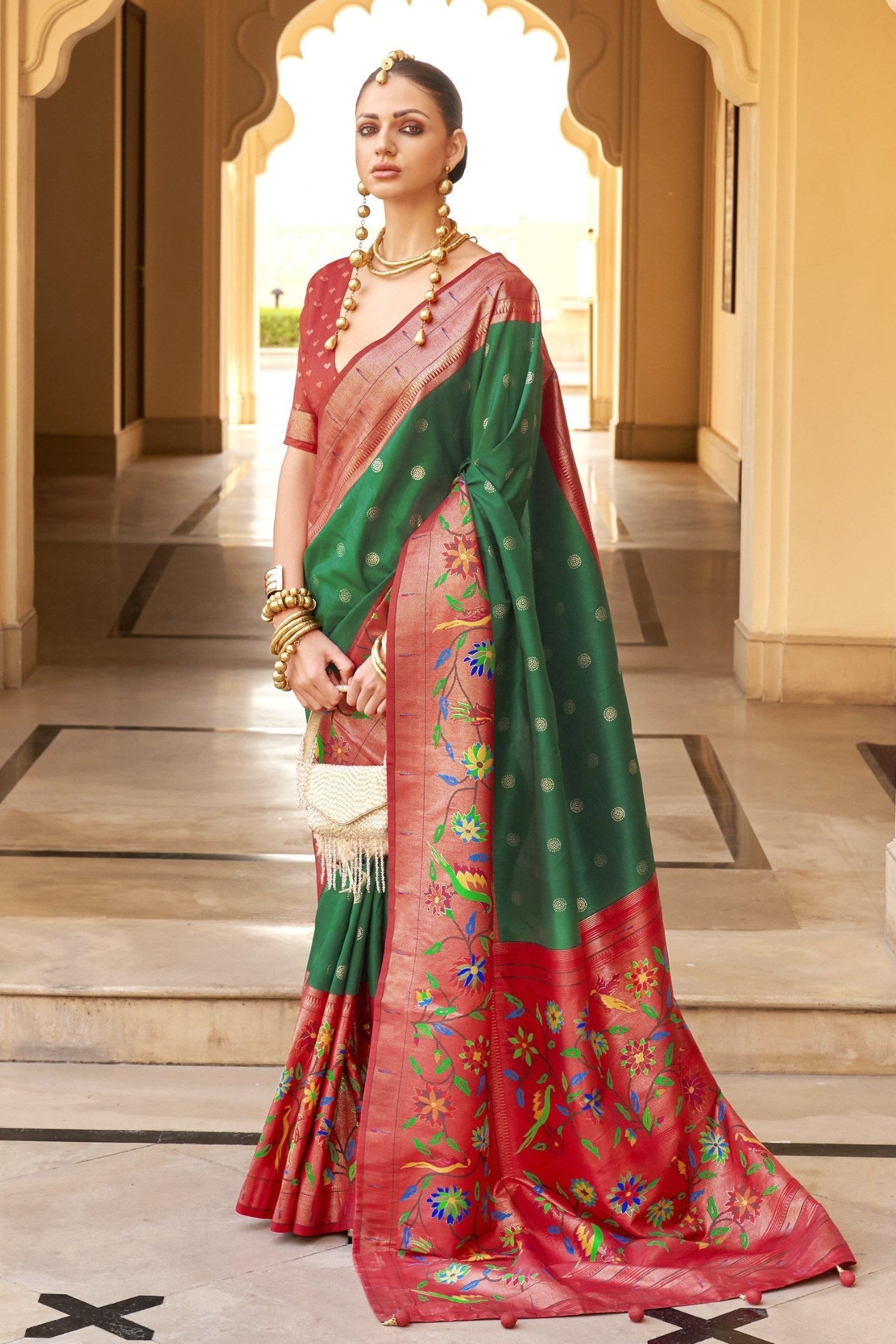 Forewst Green and Red Woven Paithani Designer Saree