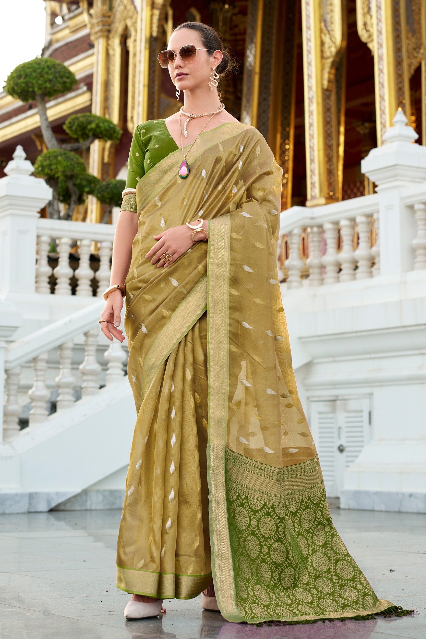 Husk Green Tissue Silk Saree