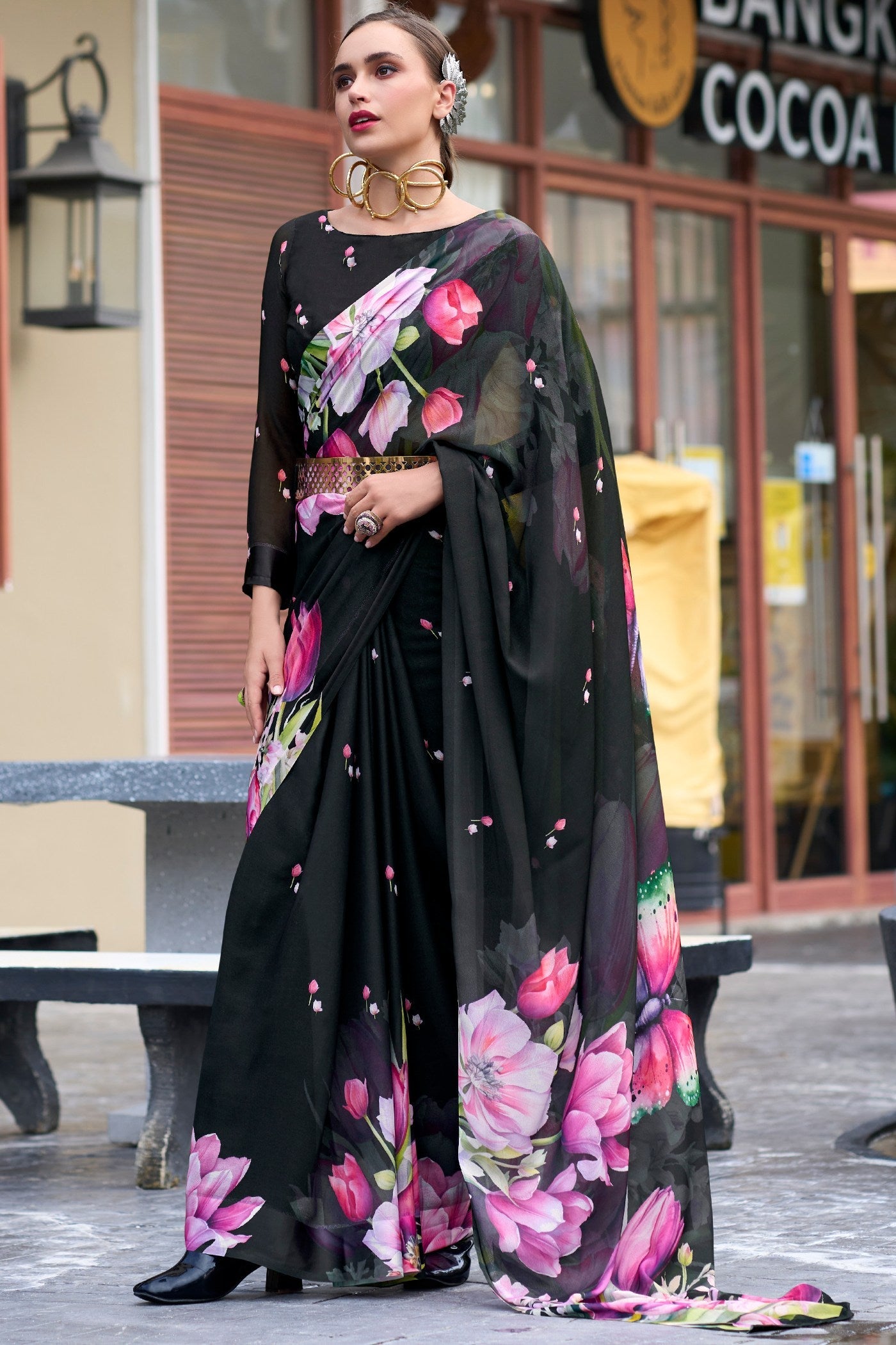 Bunker Black Printed Georgette Saree