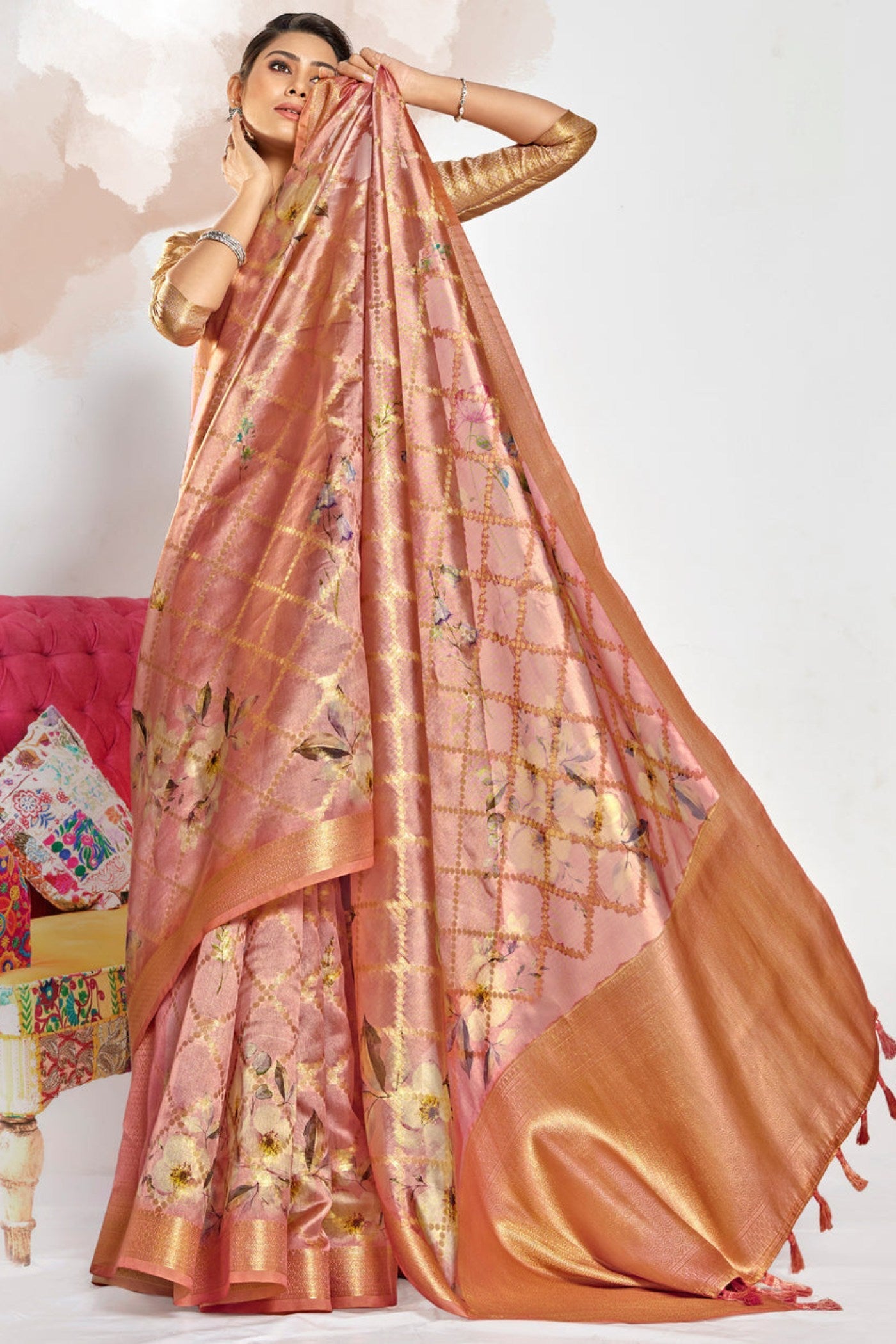 Plum Peach Digital Printed Banarasi Saree