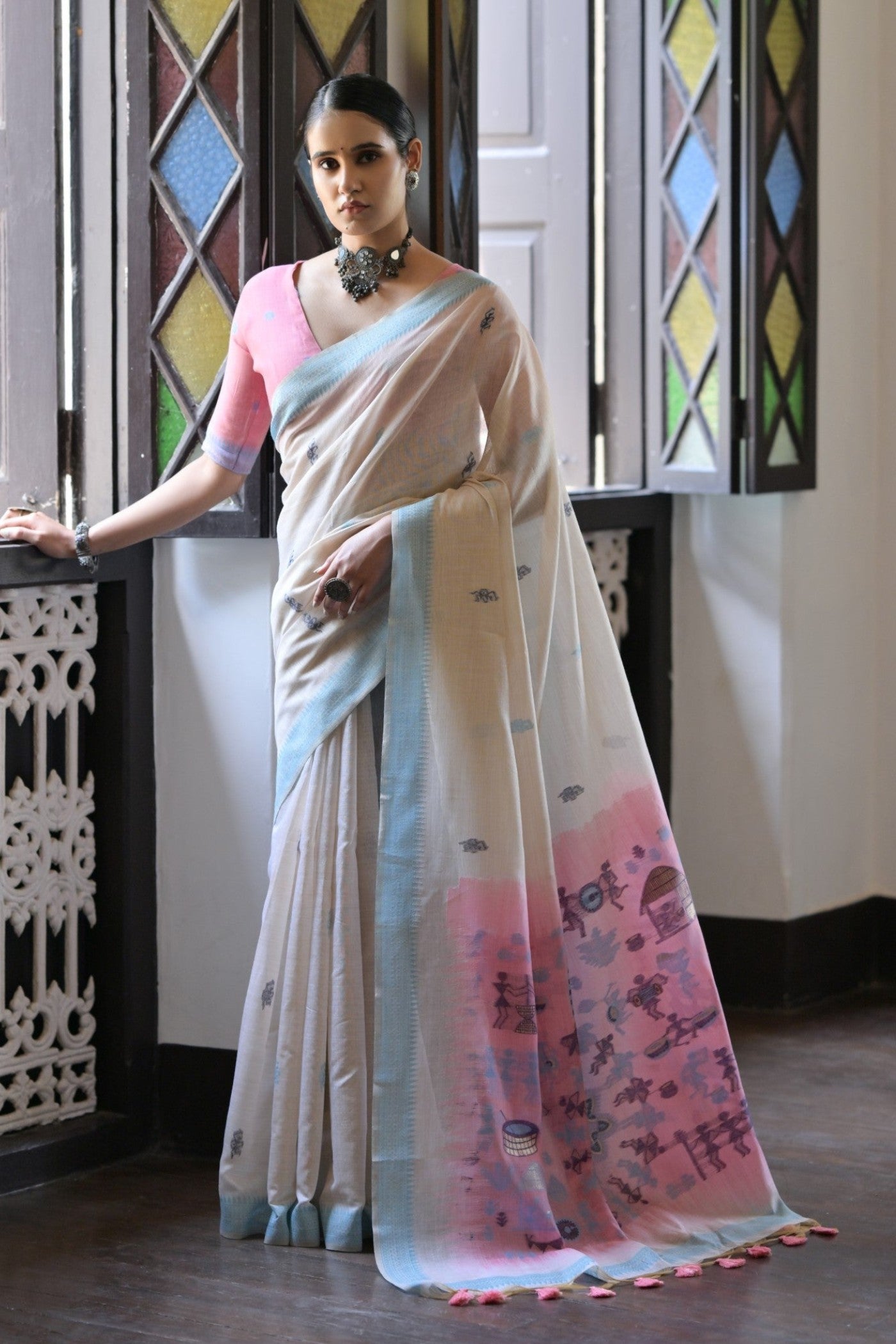 Shell White and Pink Muga Cotton Saree