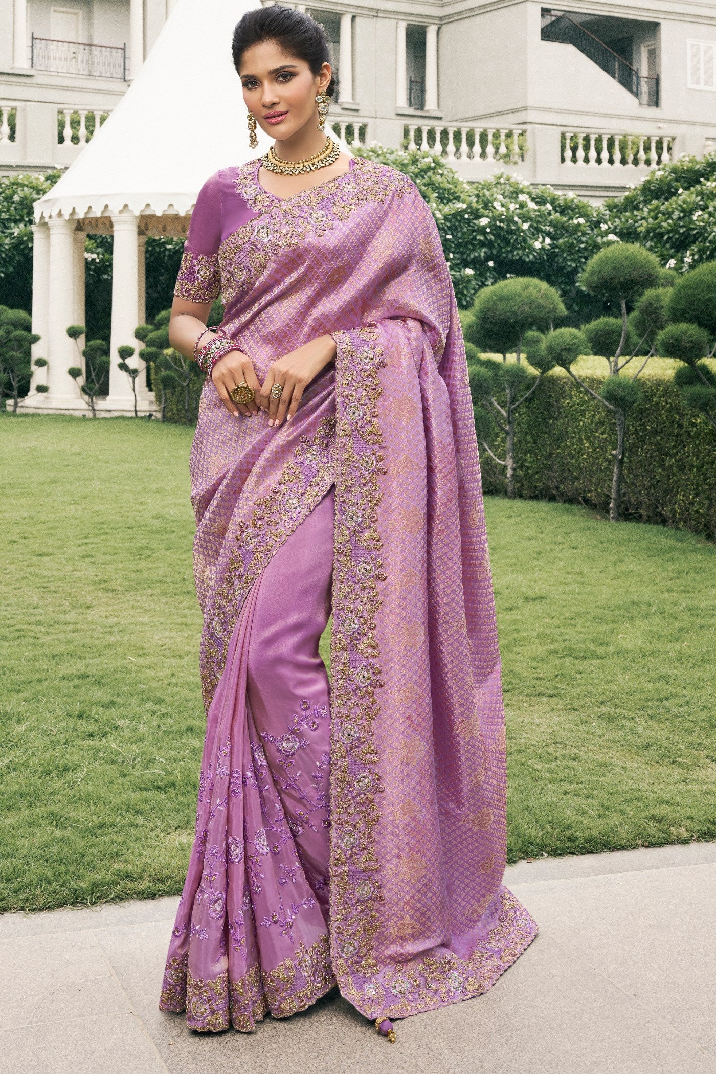 Viola Pink Banarasi Designer Embroidered Saree