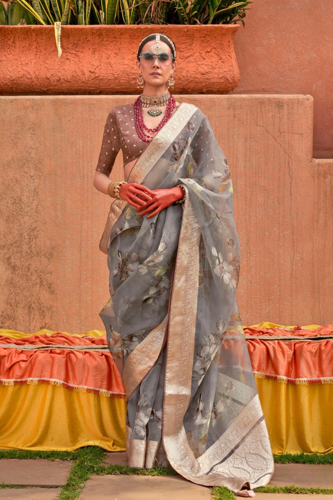 Sandstone Grey Zari Woven Organza Saree