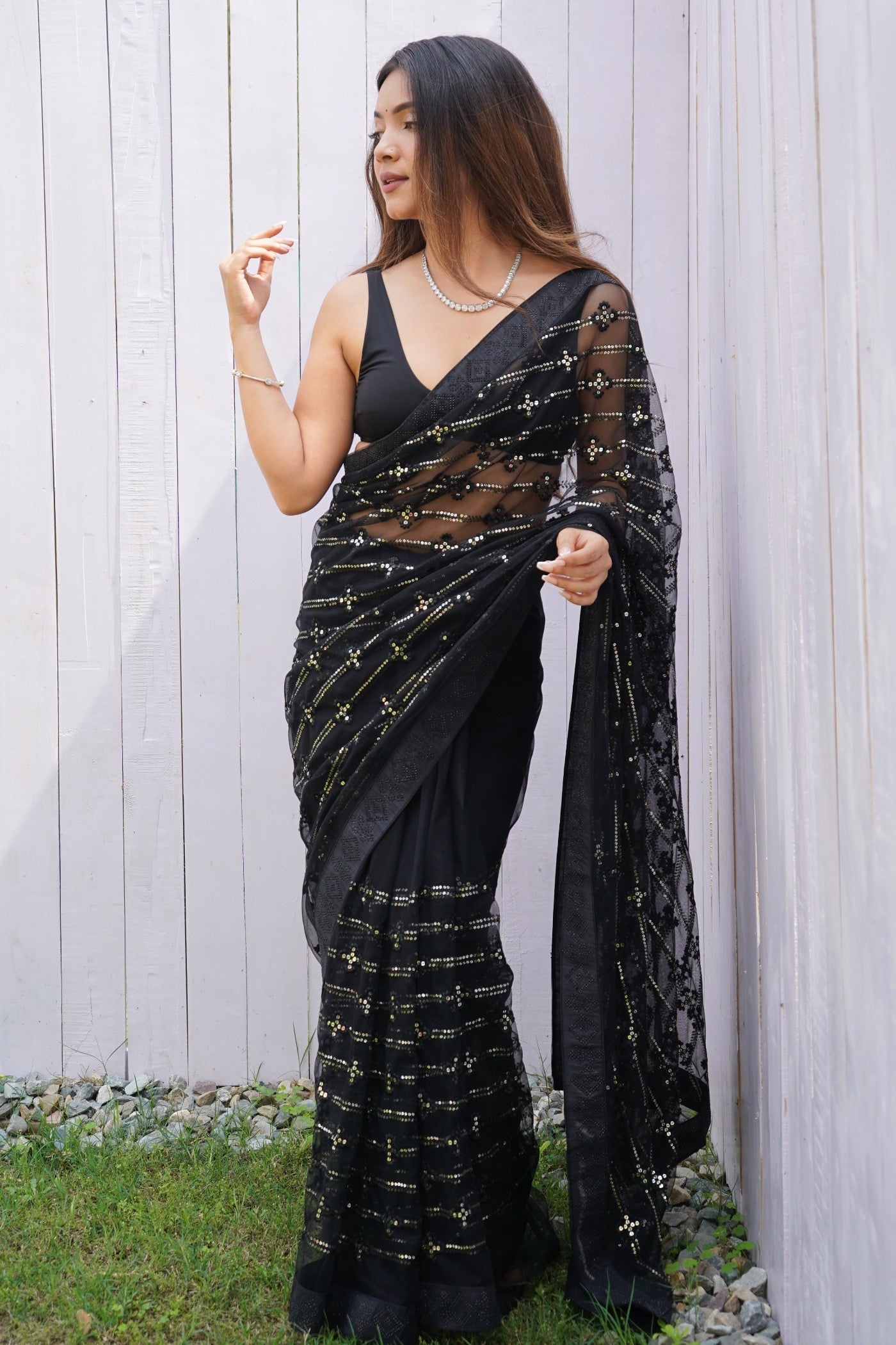 Soot Black Embroidered Partywear Saree