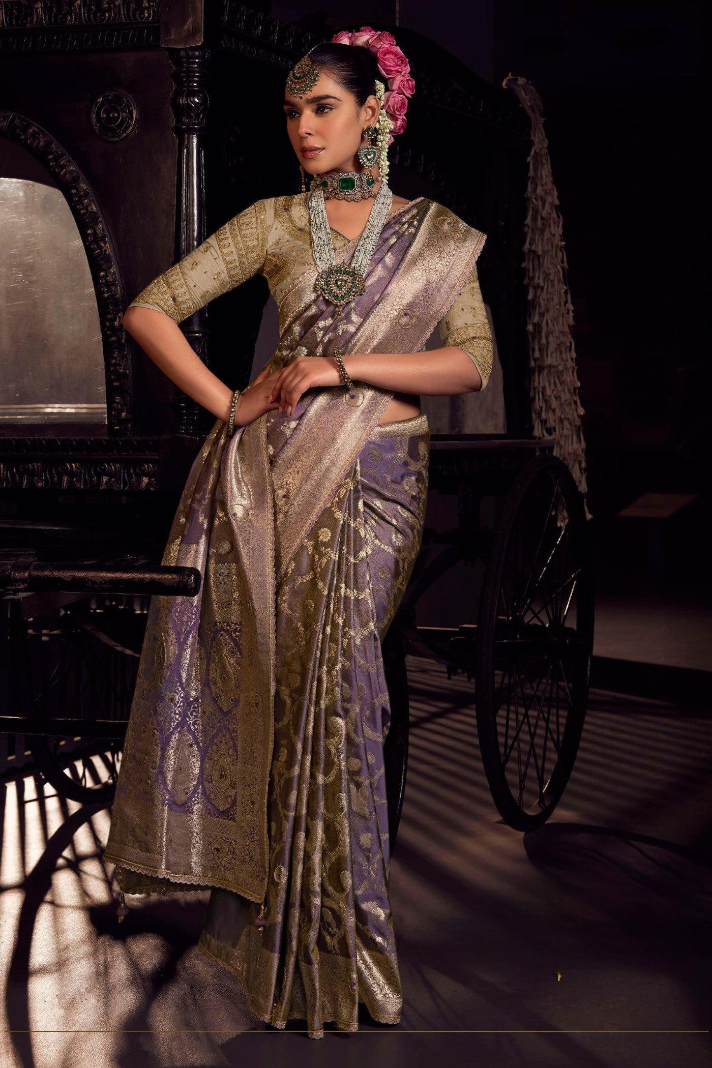 Ash Grey Designer Banarasi Saree