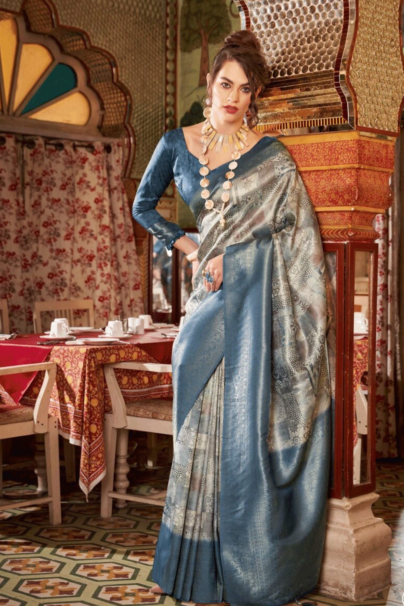 Pablo Grey Banarasi Digital Printed Saree