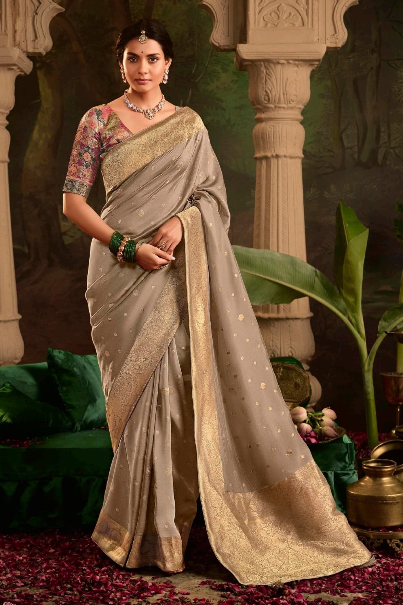 Teak Brown Designer Banarasi Dola Silk Saree