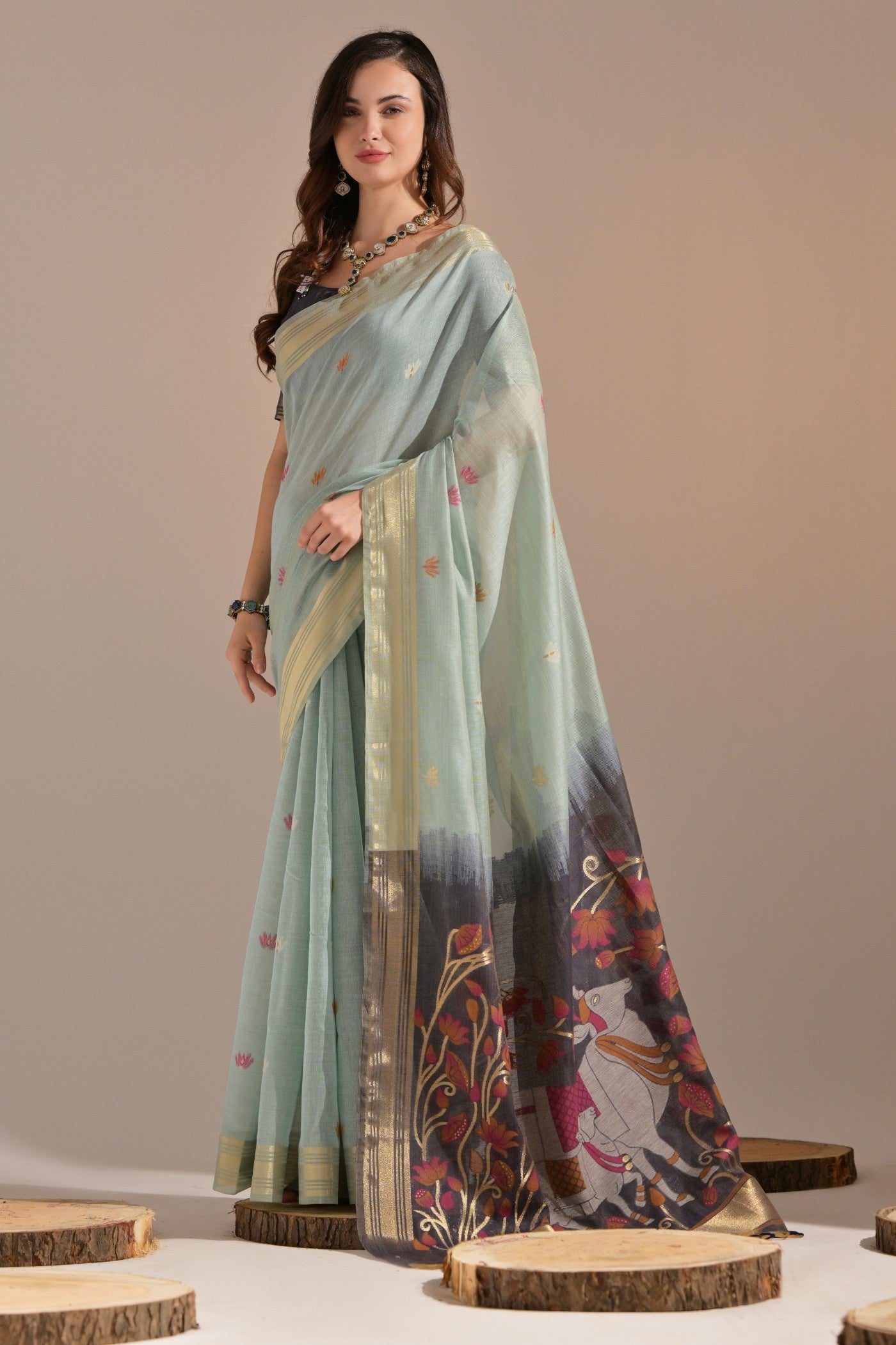 Neptune Blue Woven Muga Cotton Saree