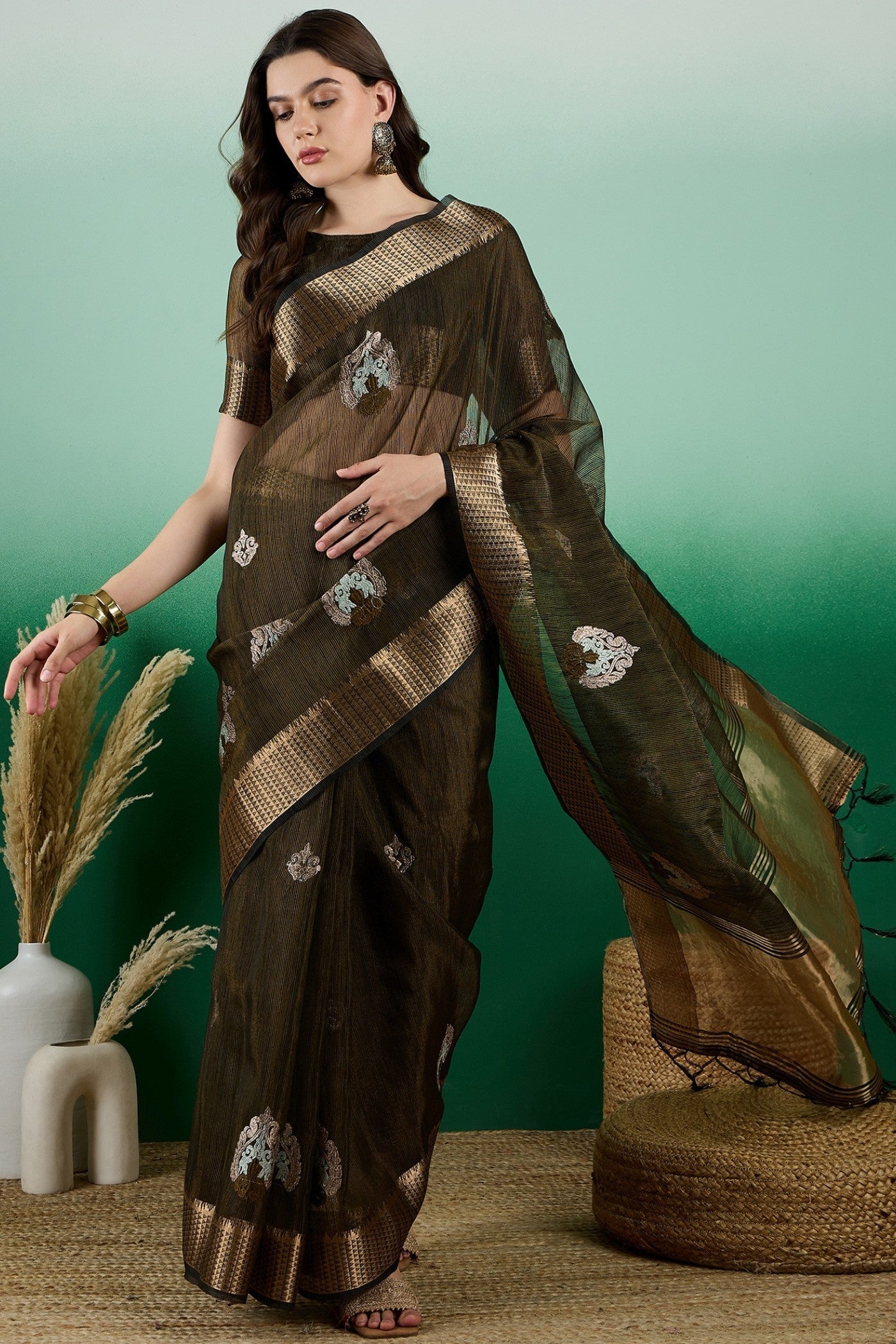 Mehndi Green Khadi Organza Saree