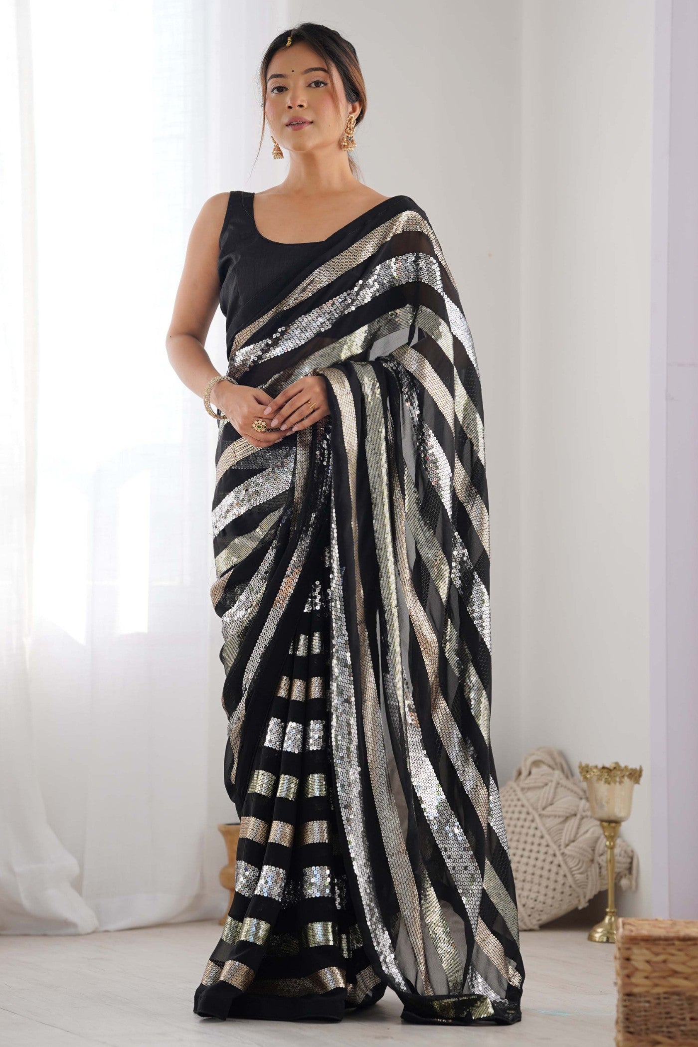 Stone Black Georgette Partywear Saree