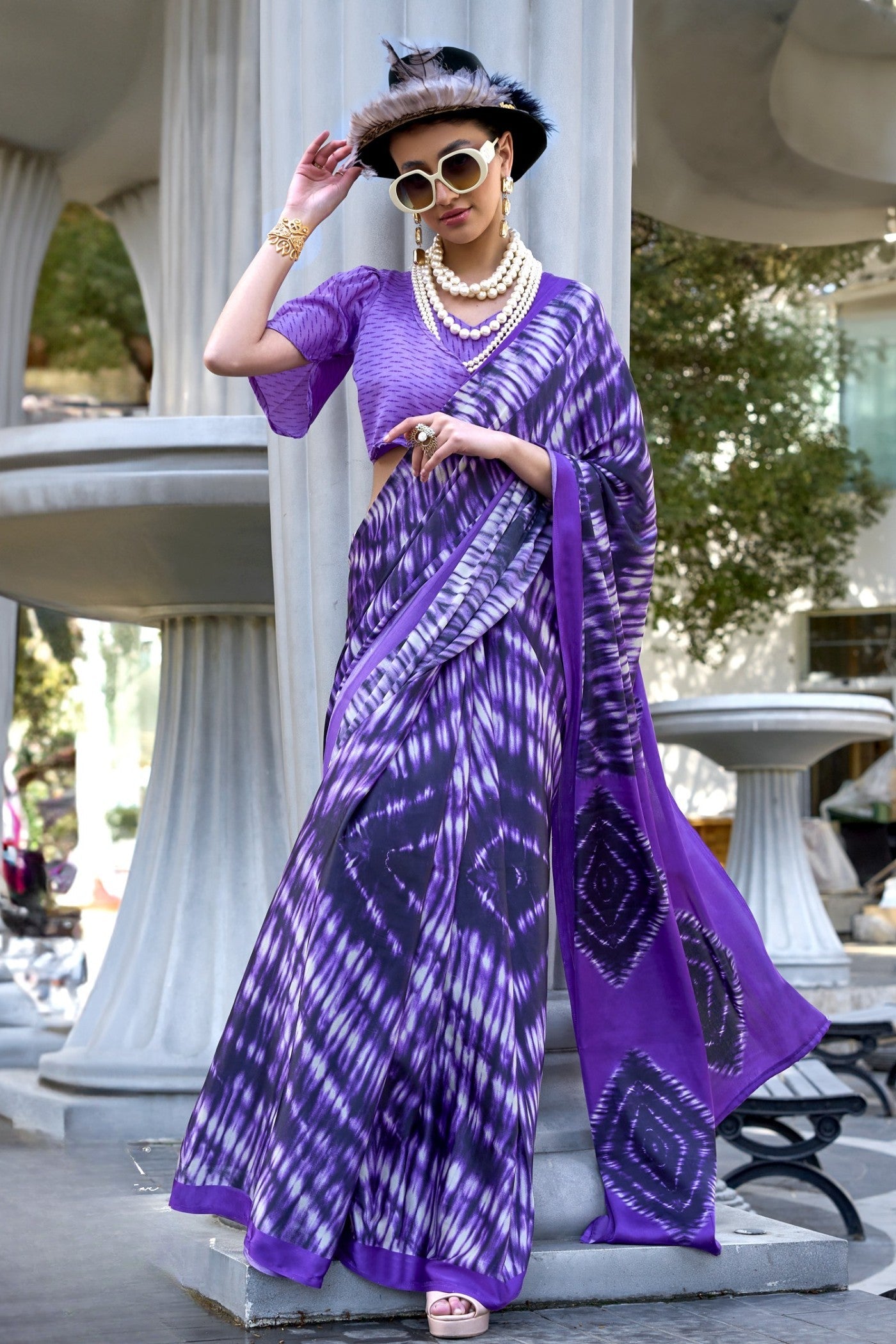 Ube Purple Printed Satin Crepe Silk Saree