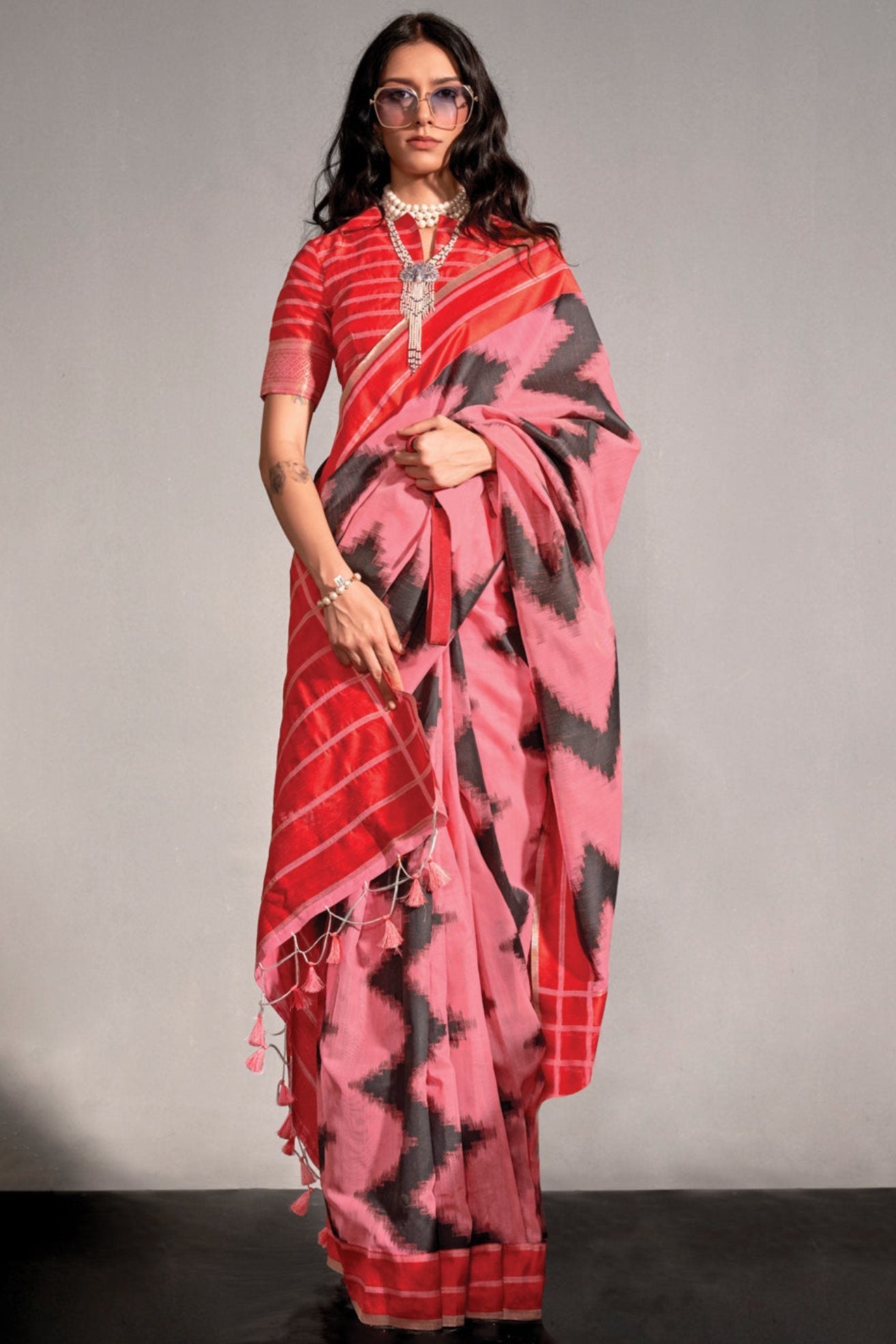 Flamingo Pink Woven Banarasi Soft Silk Saree