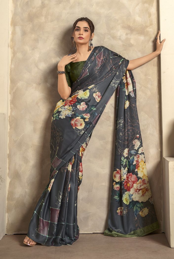 Iron Ore Black Printed Satin Silk Saree