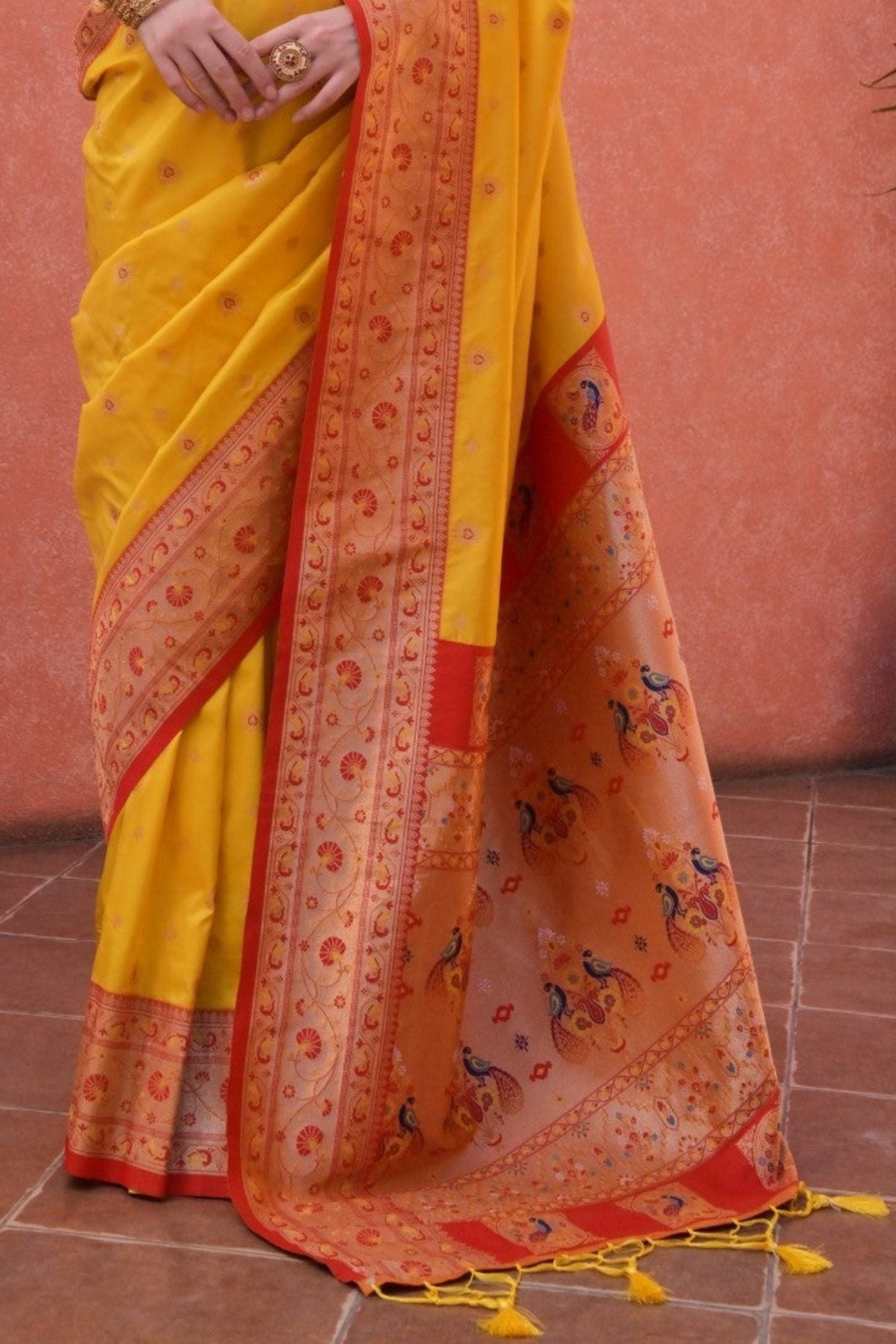 Anzac Yellow and Orange Zari Woven Paithani Saree