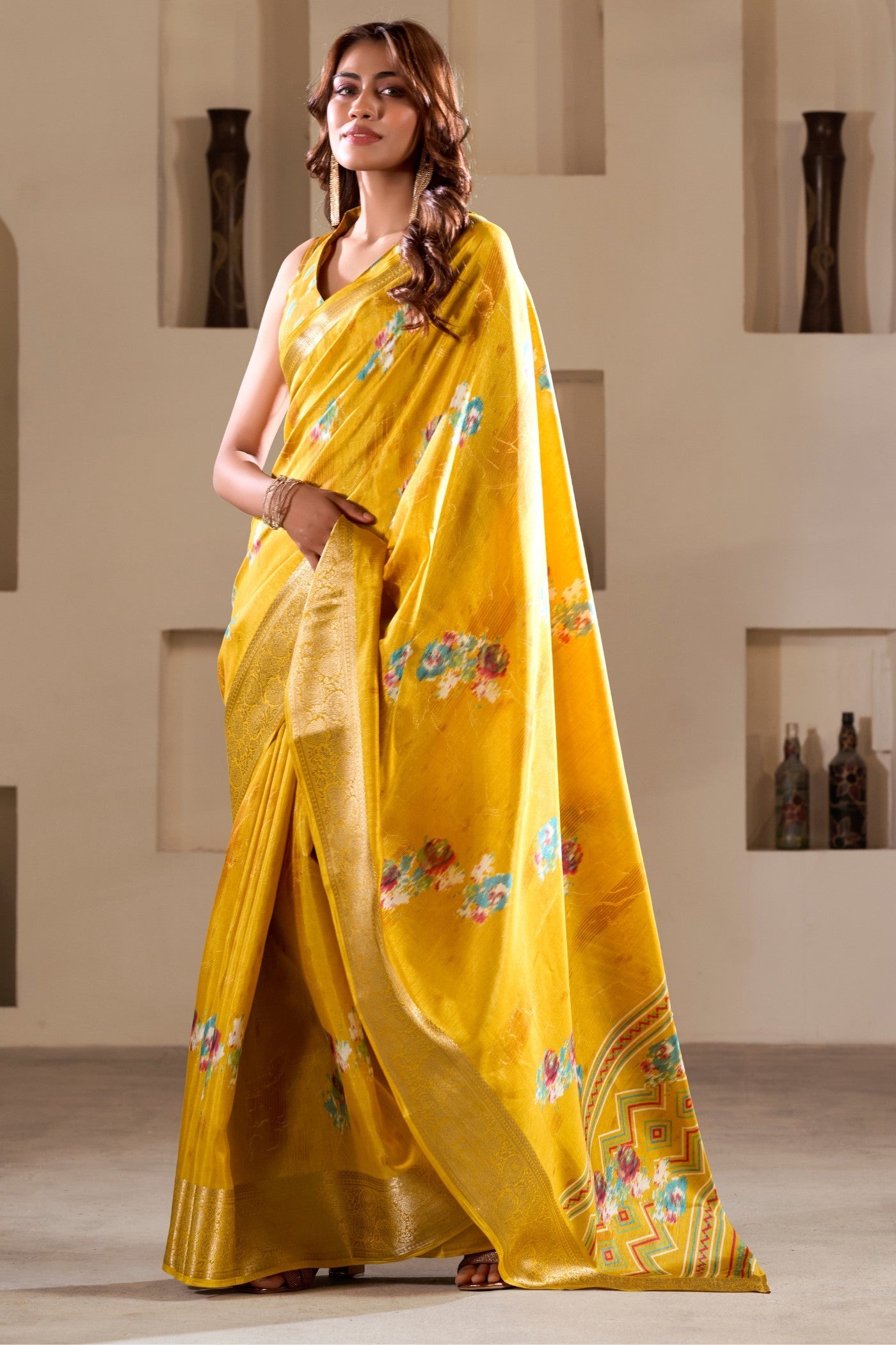 Gulberg Yellow Printed Soft Dola Silk Saree