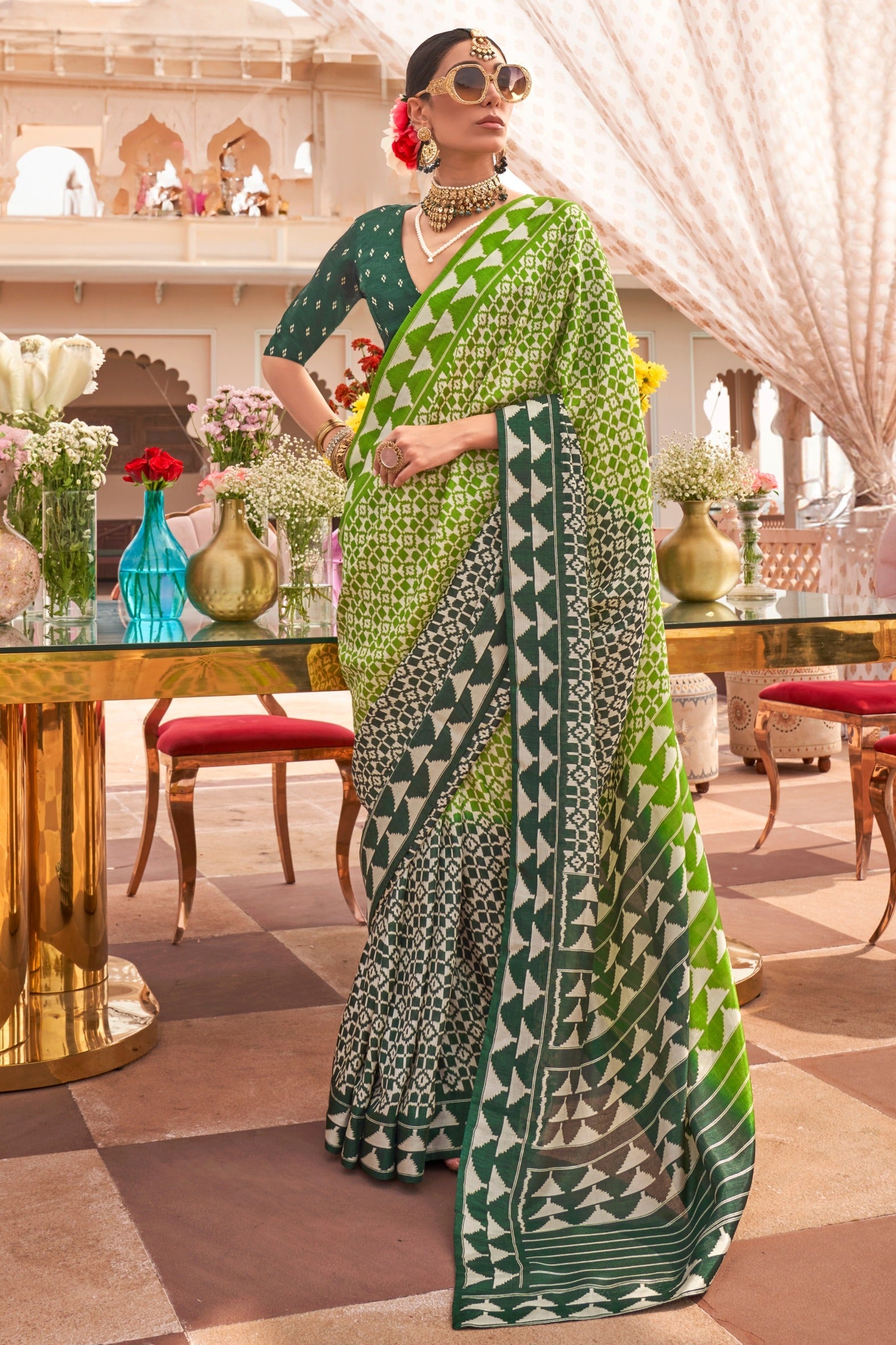 Lime Olive Green Printed Patola Saree