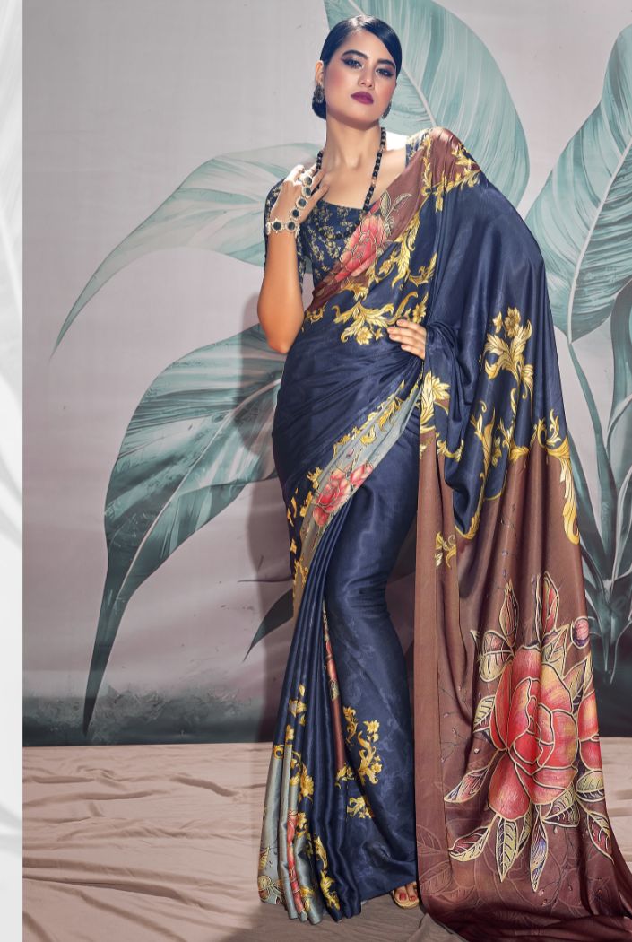 Cloudy Blue Printed Satin Silk Saree