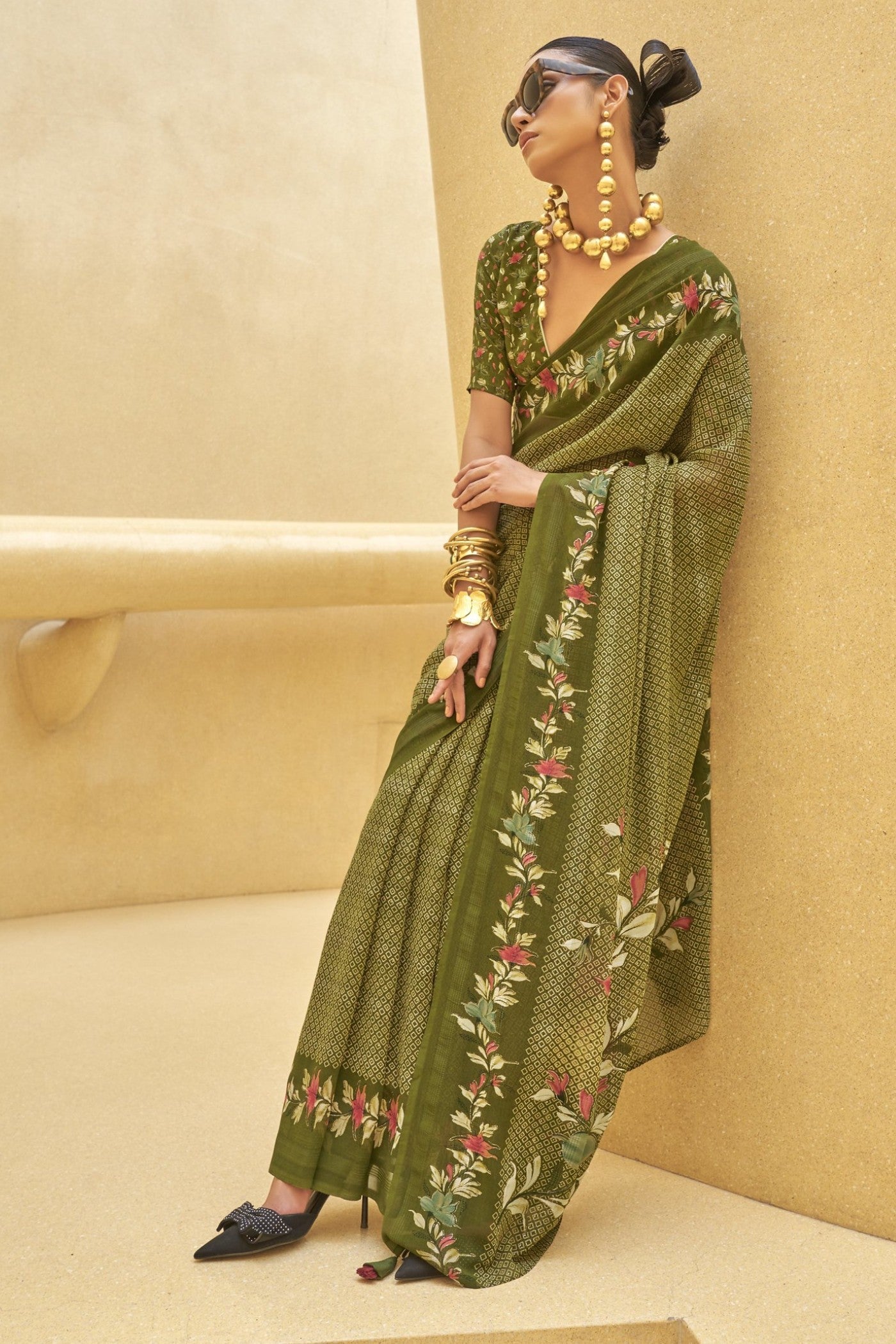 Pine Green Georgette Printed Saree