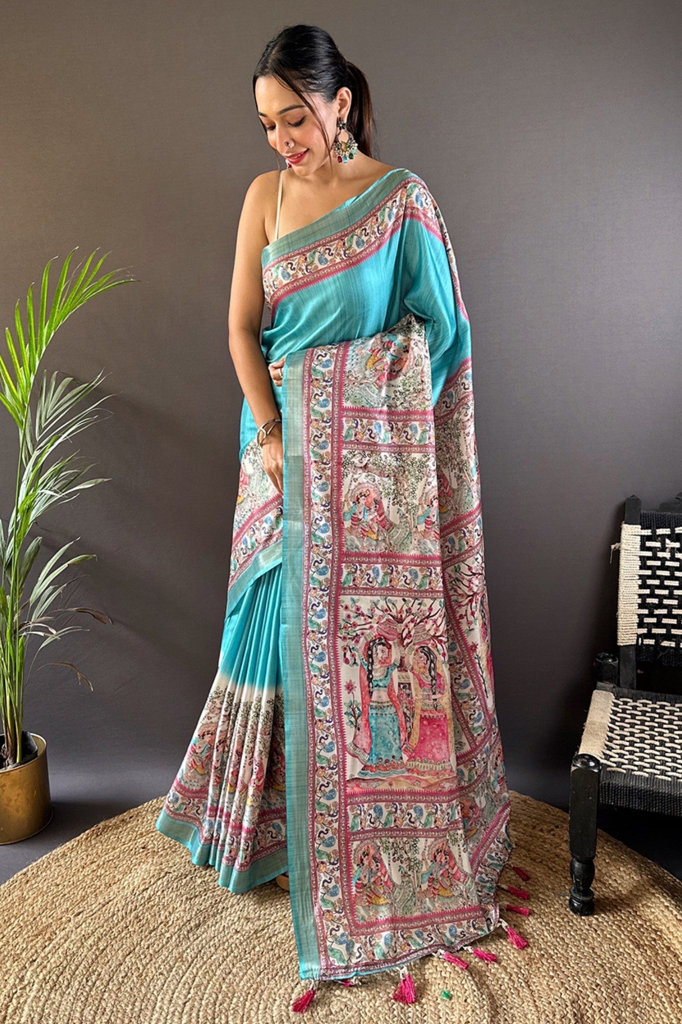 Sea Blue Madhubani Printed Tussar Silk Saree