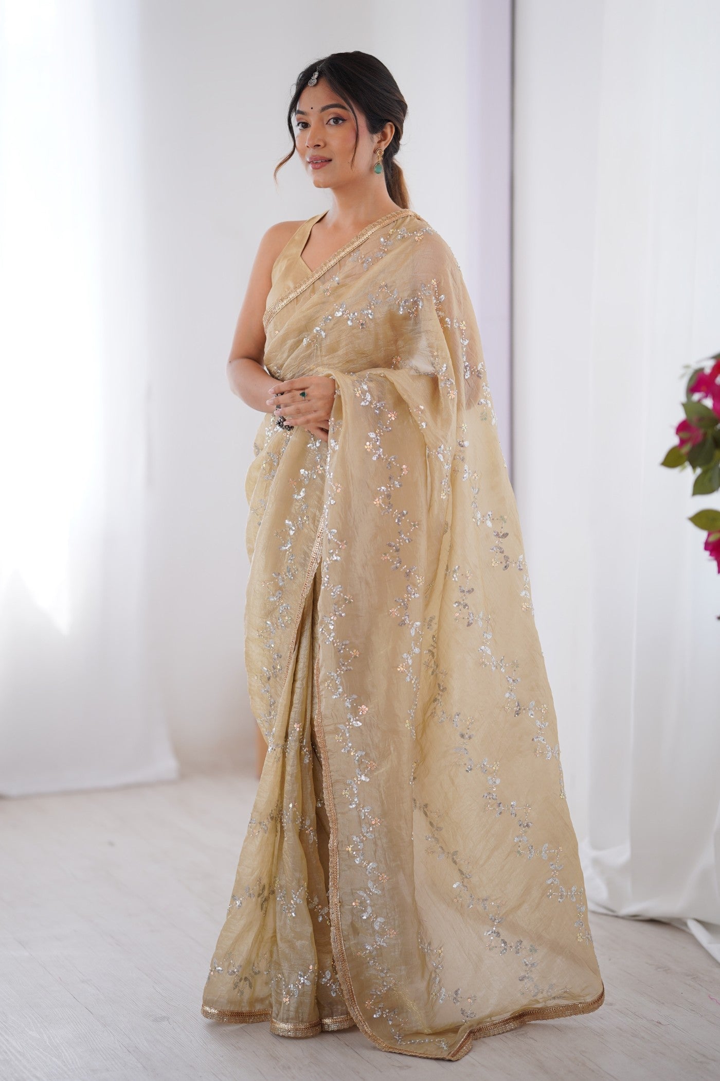 Almond Cream Designer Partywear Saree