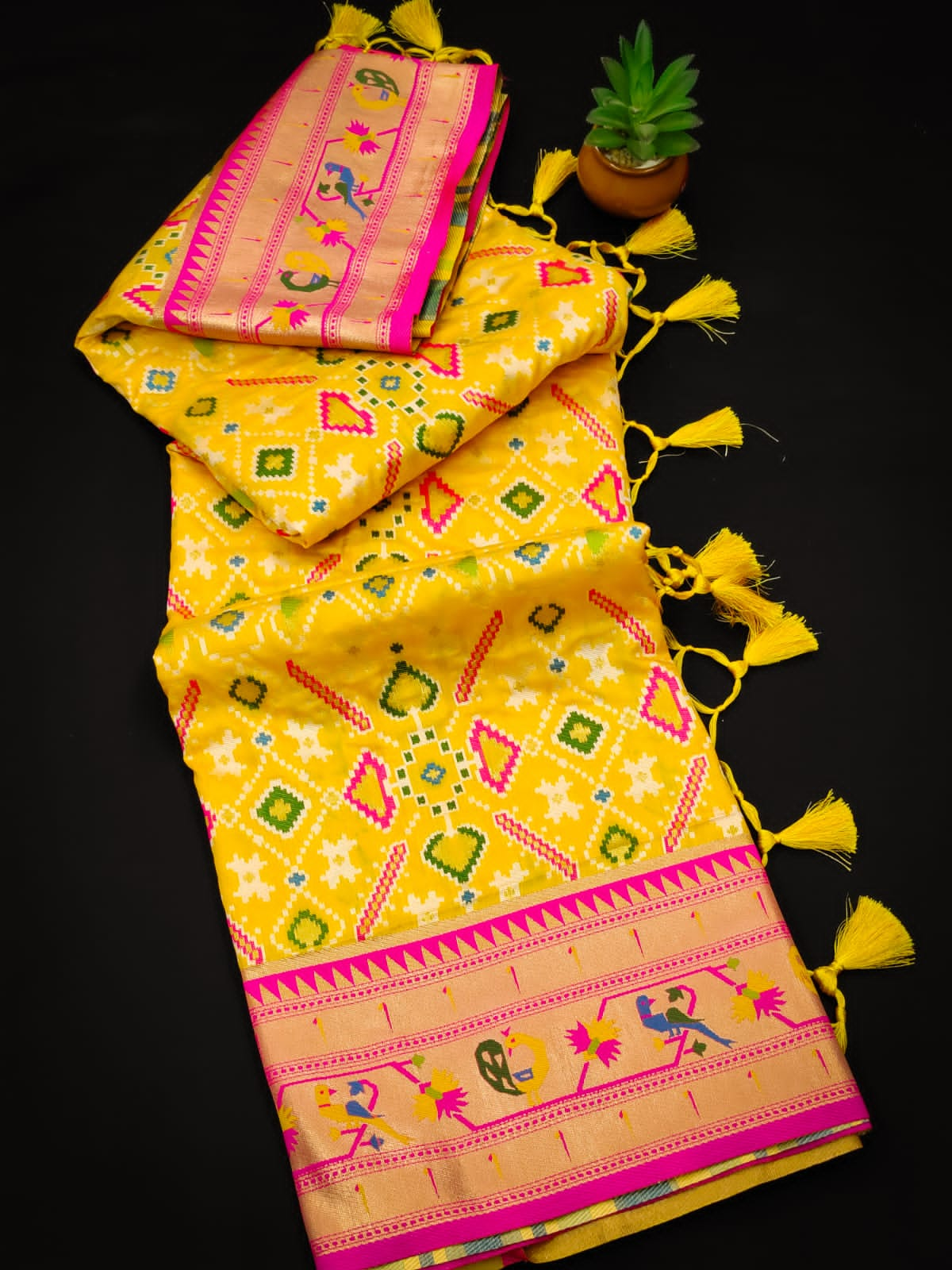 Daisy Yellow and Pink Paithani Patola Fusion Silk Saree