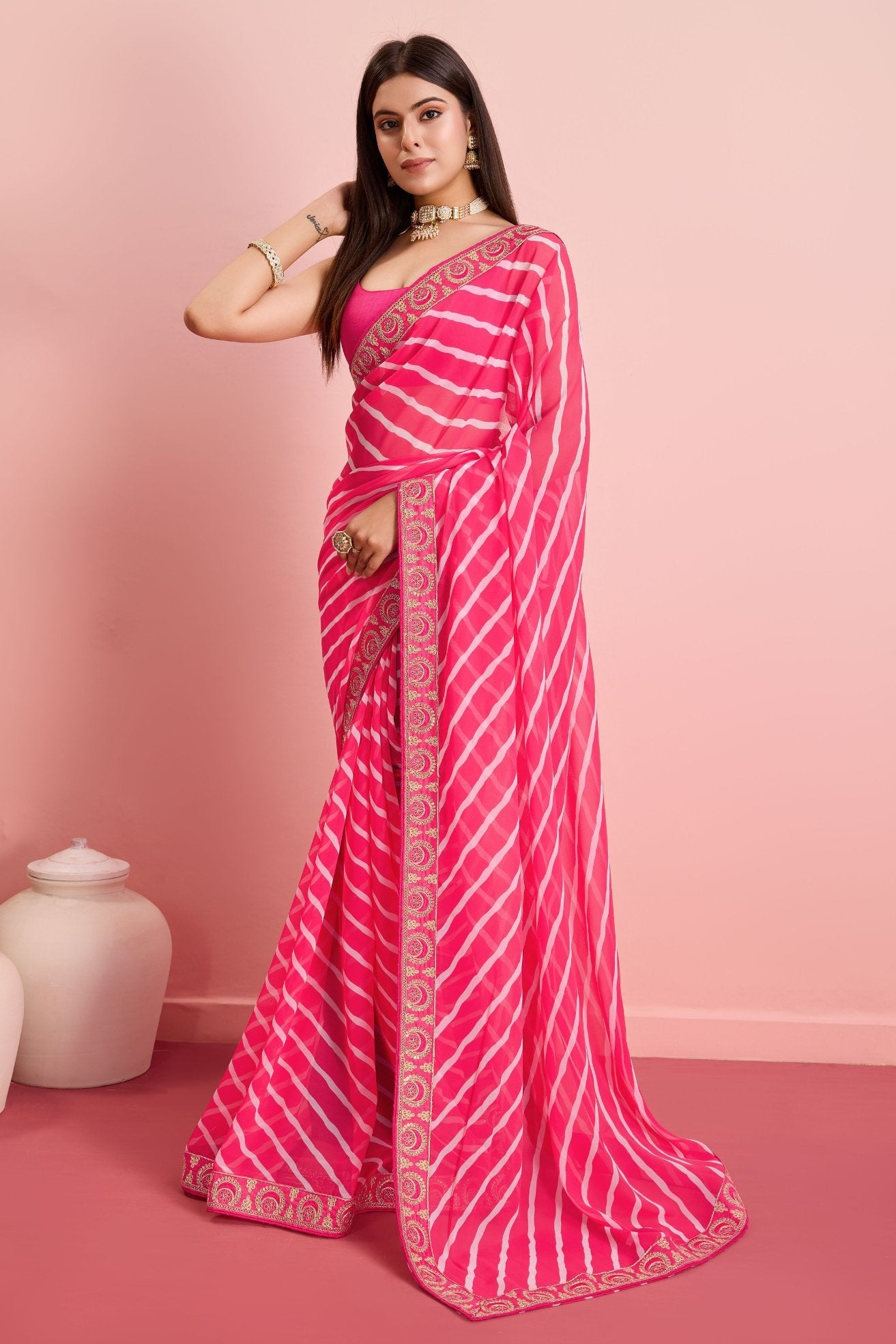 Pink Salmon Georgette Lehriya Silk saree