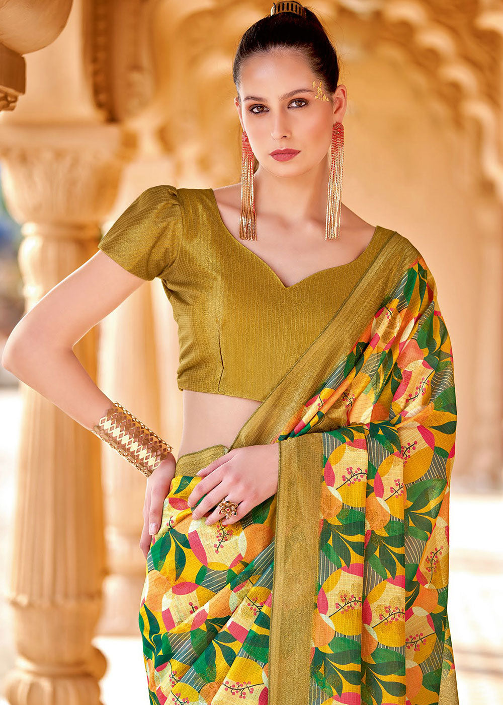 Ronchi Yellow and Green Floral Printed Cotton Silk Saree