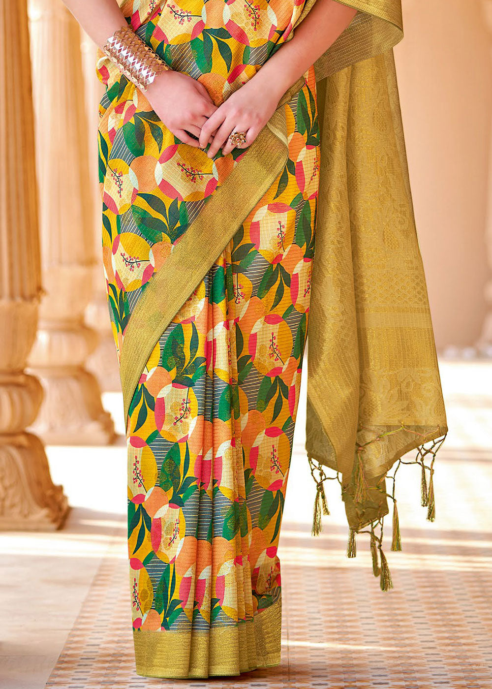 Ronchi Yellow and Green Floral Printed Cotton Silk Saree