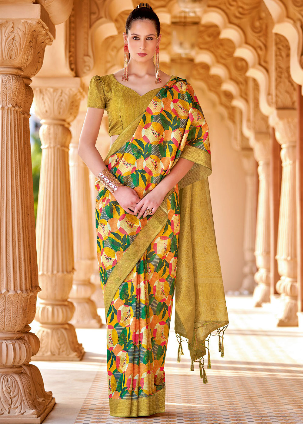 Ronchi Yellow and Green Floral Printed Cotton Silk Saree