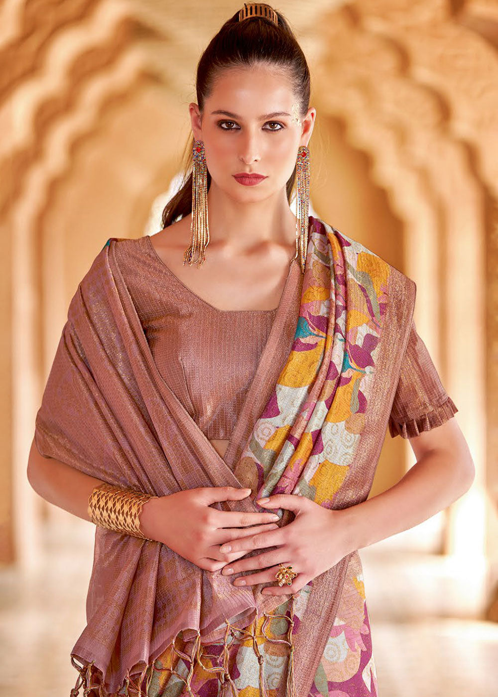 Cadillac Purple and Brown Floral Printed Cotton Silk Saree