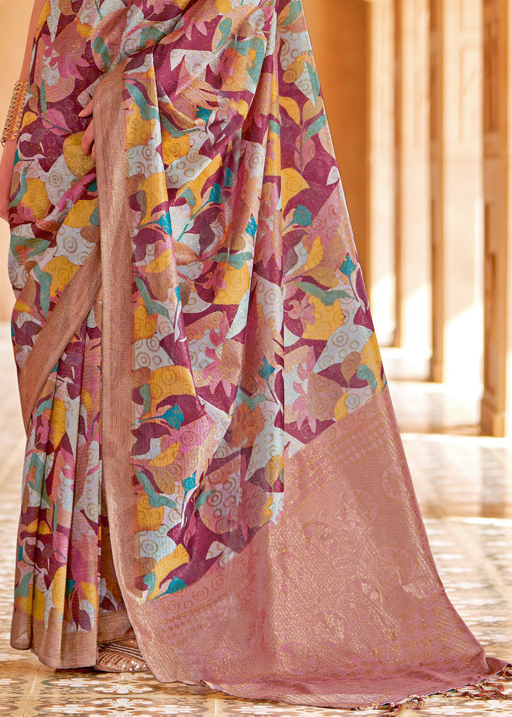 Cadillac Purple and Brown Floral Printed Cotton Silk Saree