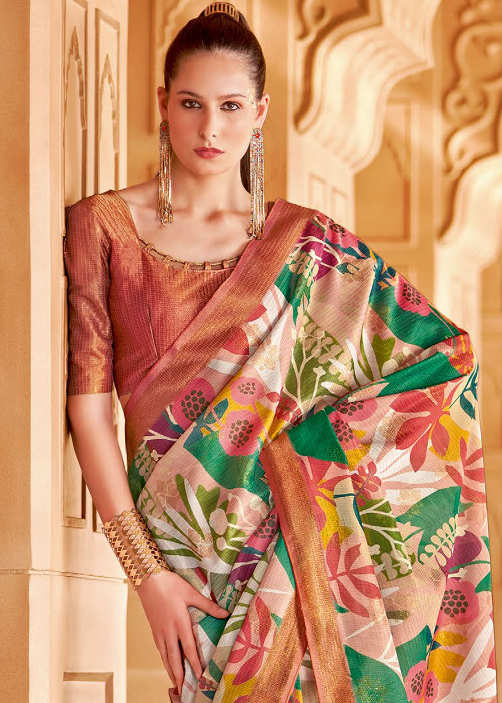 Copperfield  Brown and Green Floral Printed Cotton Silk Saree