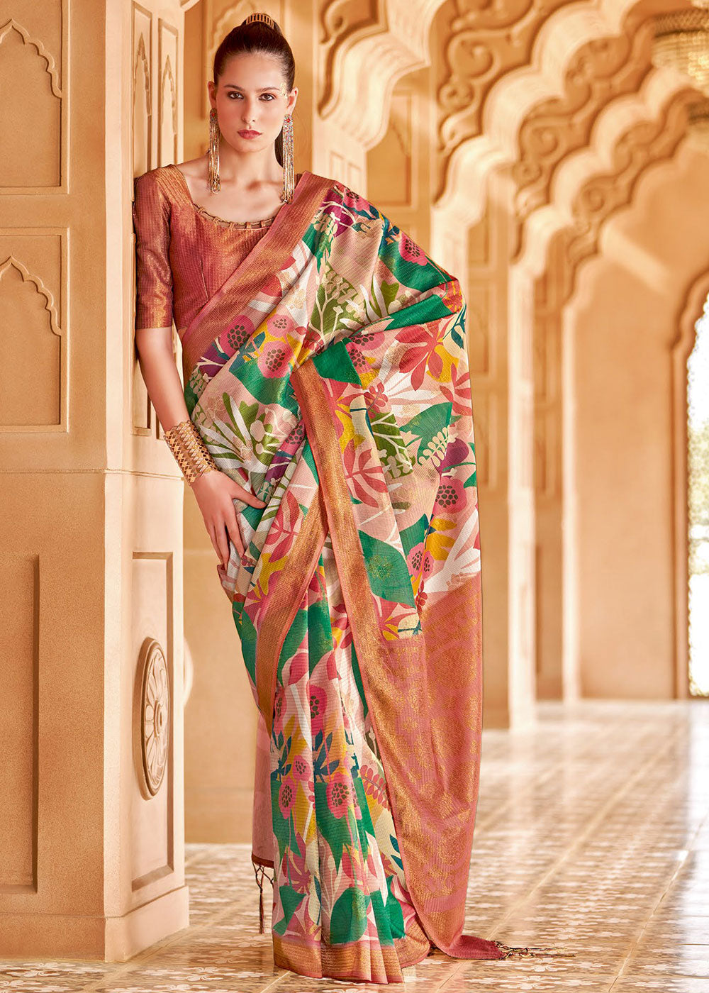 Copperfield  Brown and Green Floral Printed Cotton Silk Saree