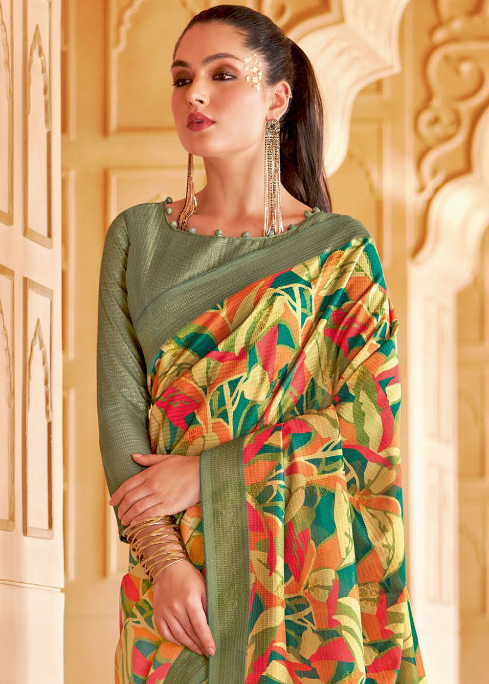 Asparagus Green and Yellow Floral Printed Cotton Silk Saree