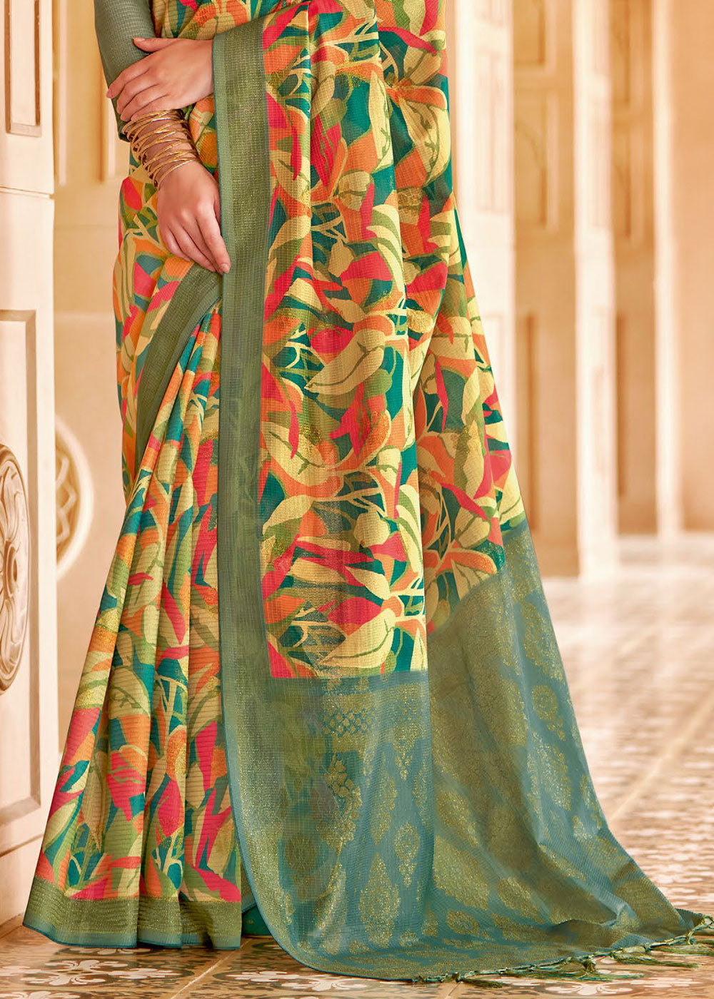 Asparagus Green and Yellow Floral Printed Cotton Silk Saree