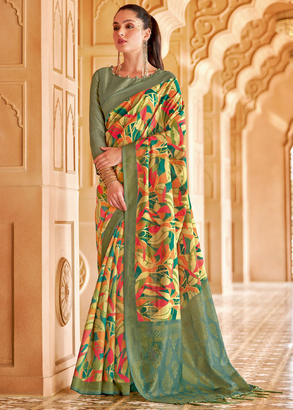 Asparagus Green and Yellow Floral Printed Cotton Silk Saree