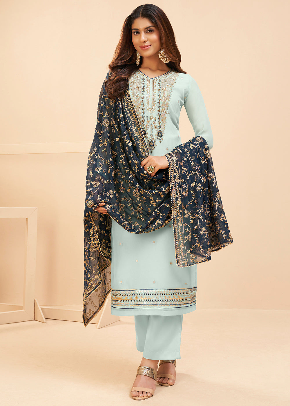 Tranquil Blue Georgette Unstitched Plazzo Suit